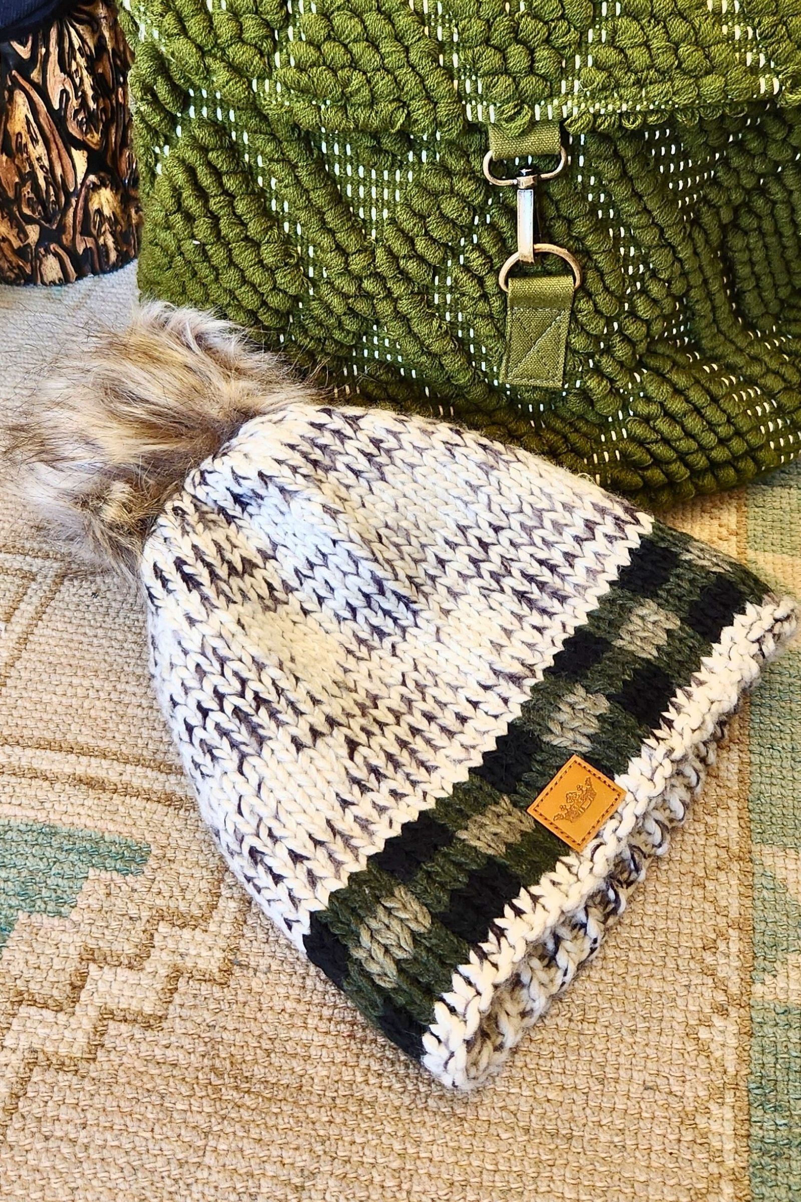 Green Buffalo Plaid Fur Pom Beanie