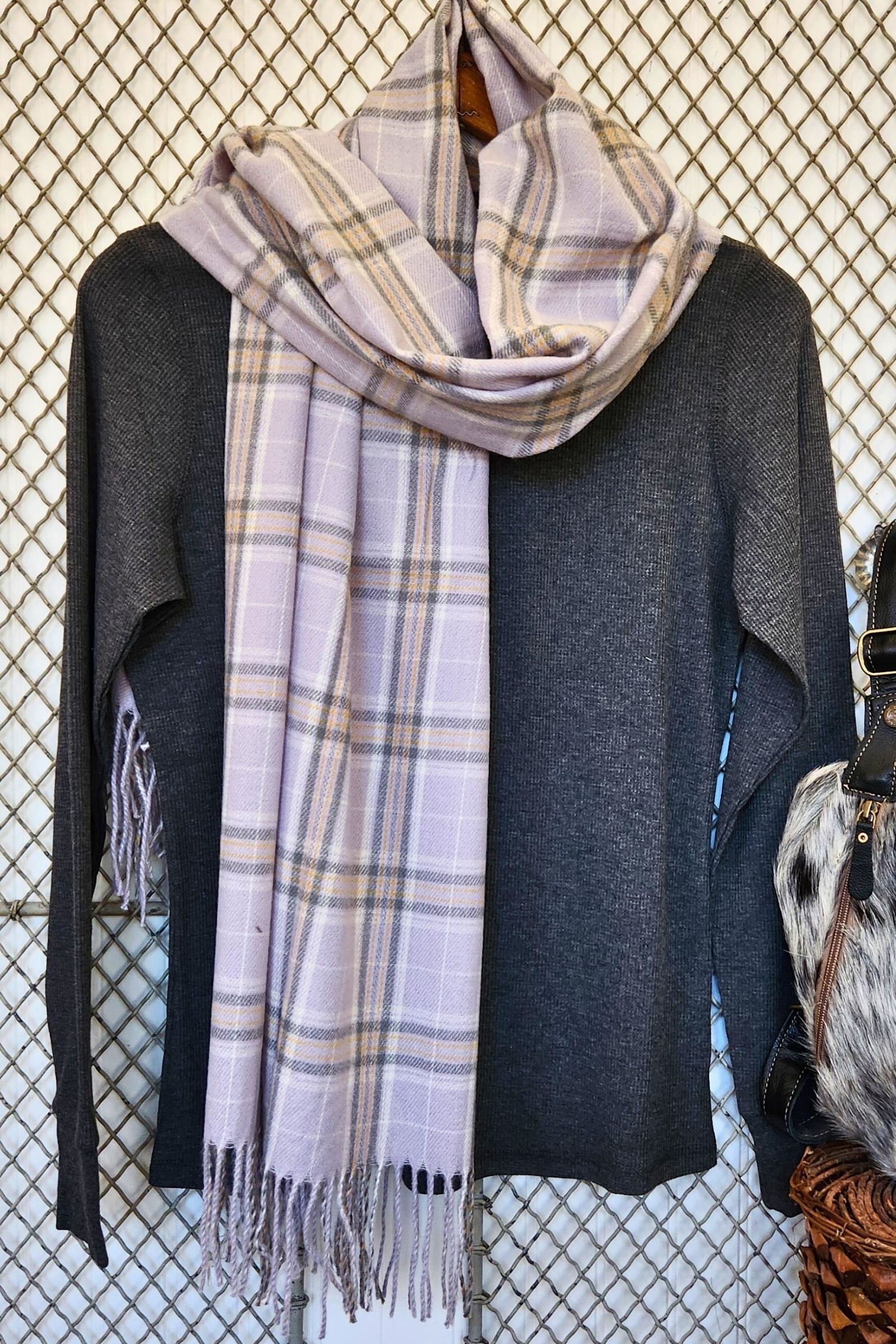 Lavender Plaid Fringe Scarf