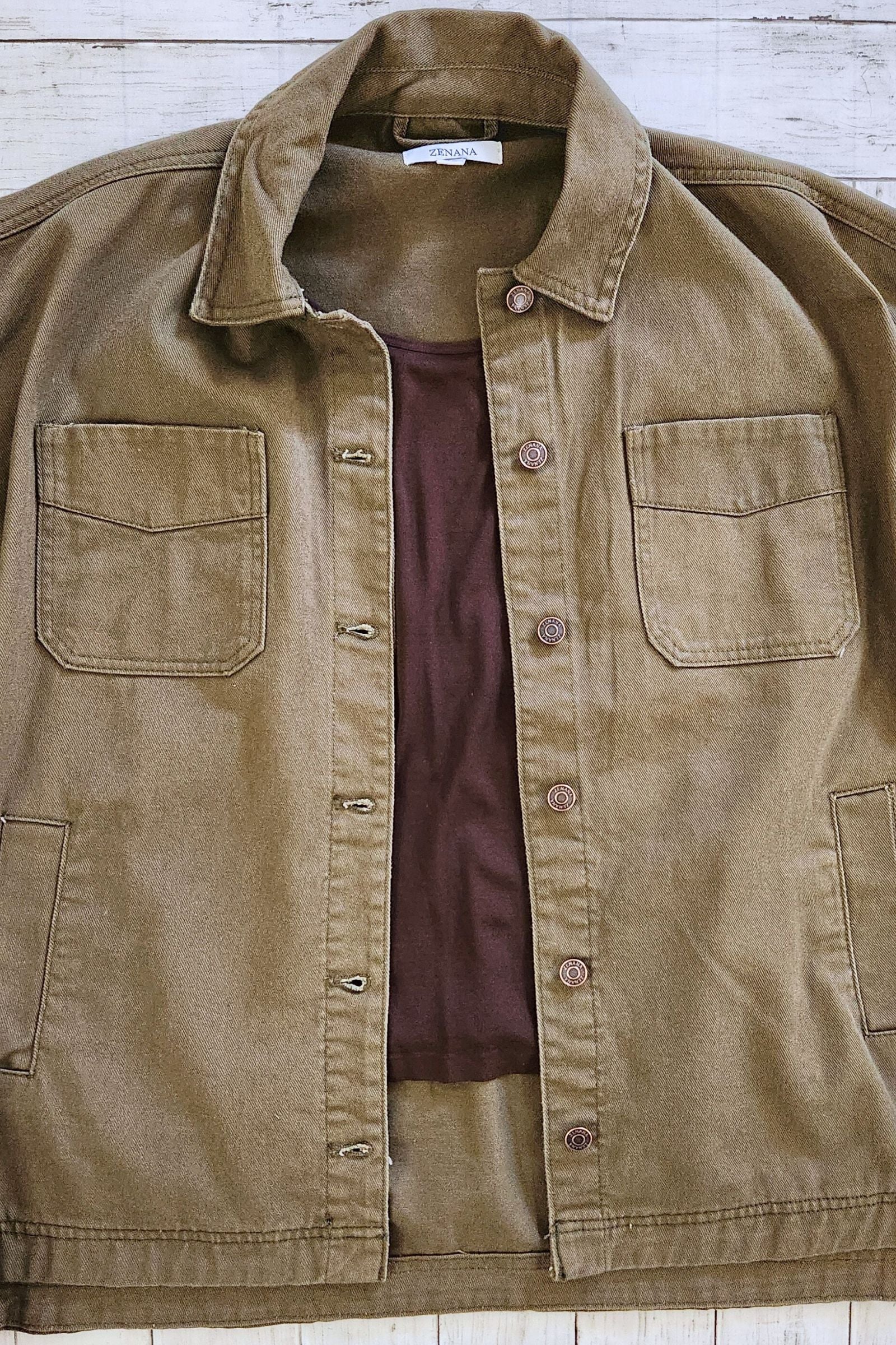 Olive Button Front Collared Shacket