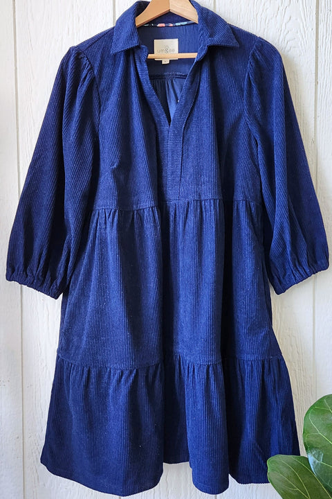 Navy Corduroy Tiered Dress