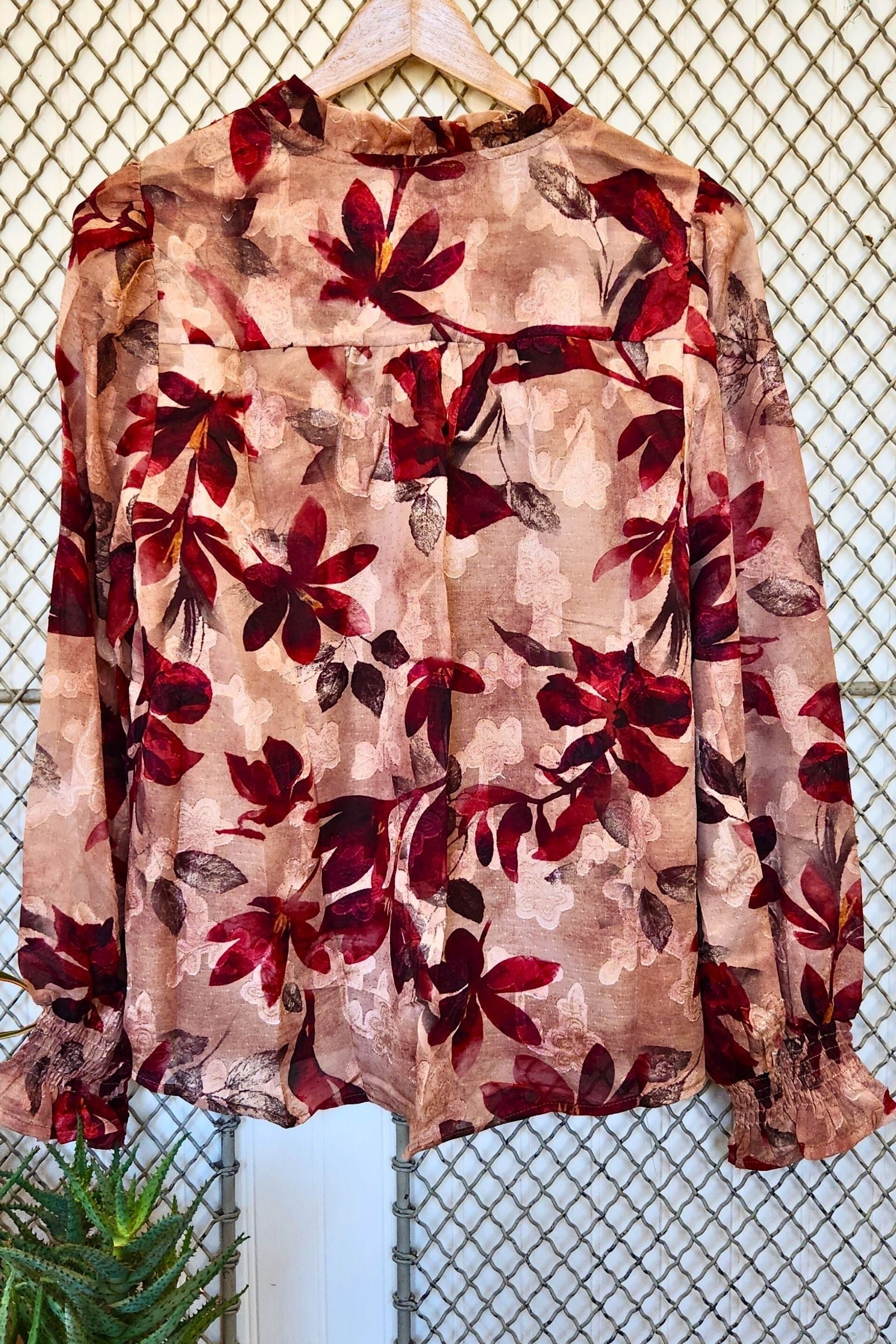 Burgundy Floral Poet Sleeve Top