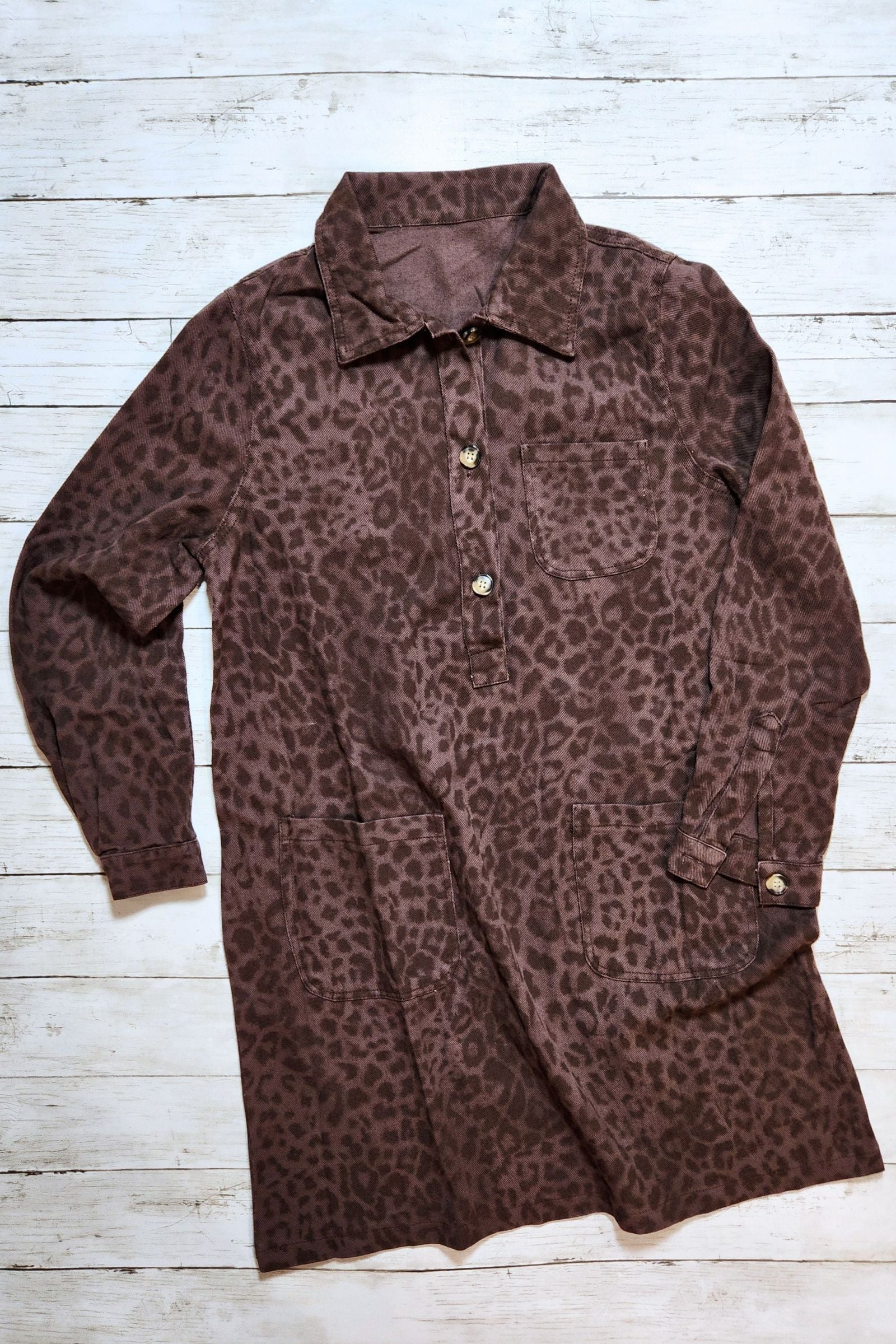 Brown Leopard Collared Shirt Dress
