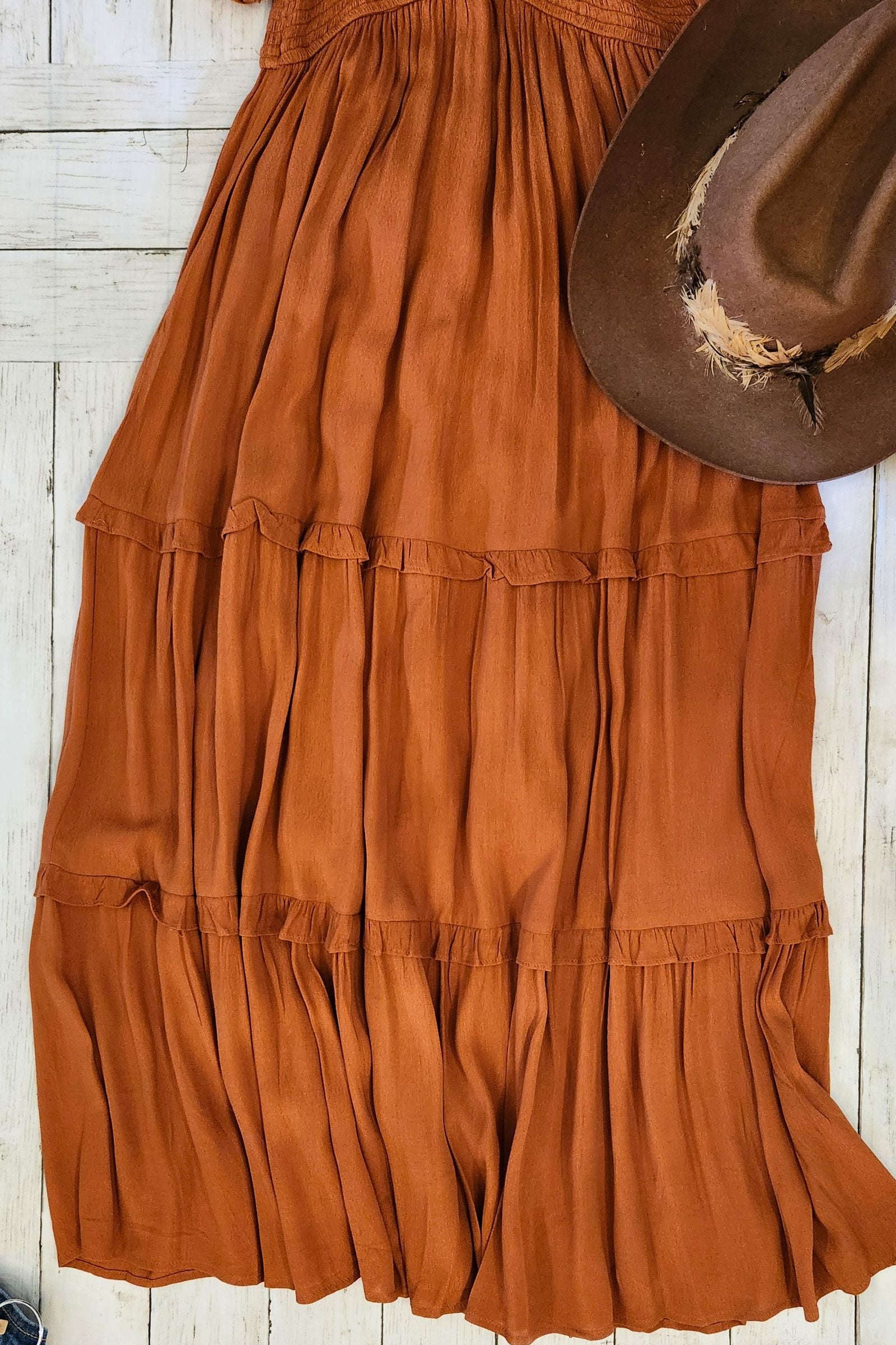 Sepia Smocked Ruffle Maxi Dress