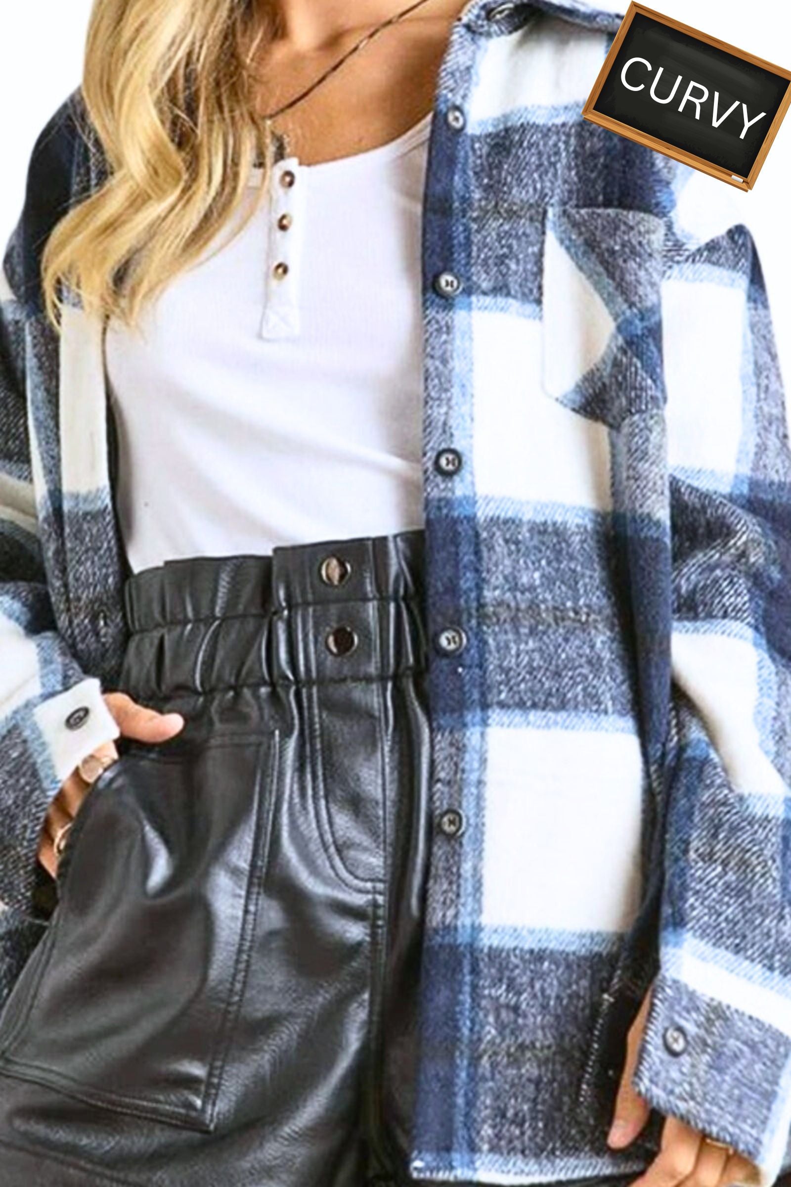 CURVY Navy Plaid Flannel Shacket