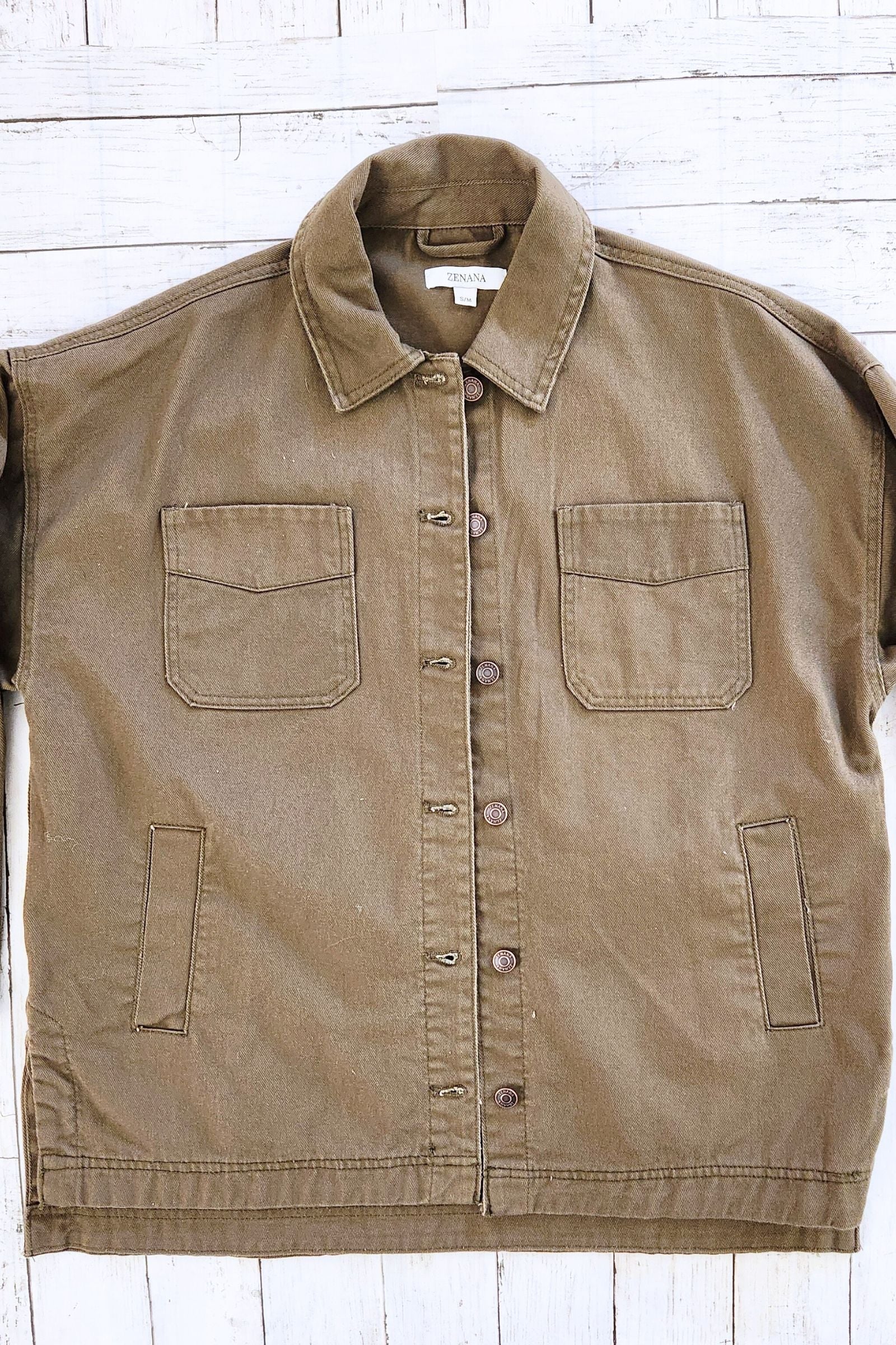 Olive Button Front Collared Shacket