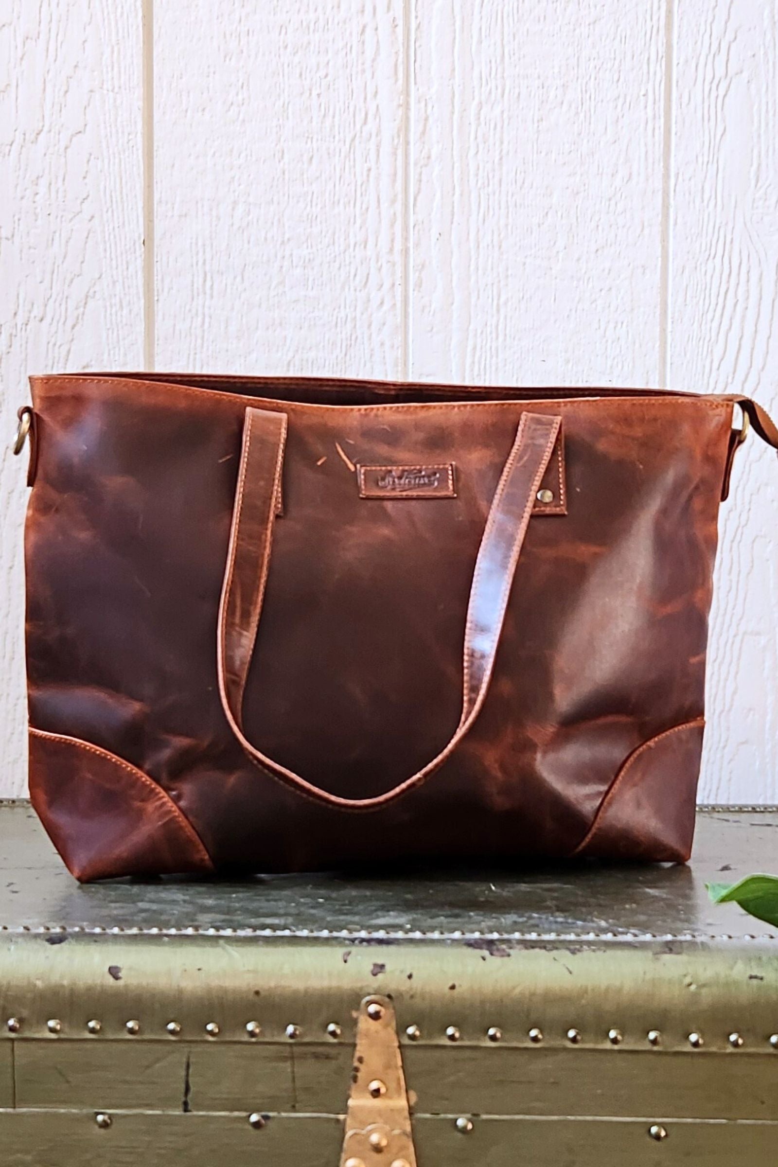 Rustic Autumn Leather Tote Bag