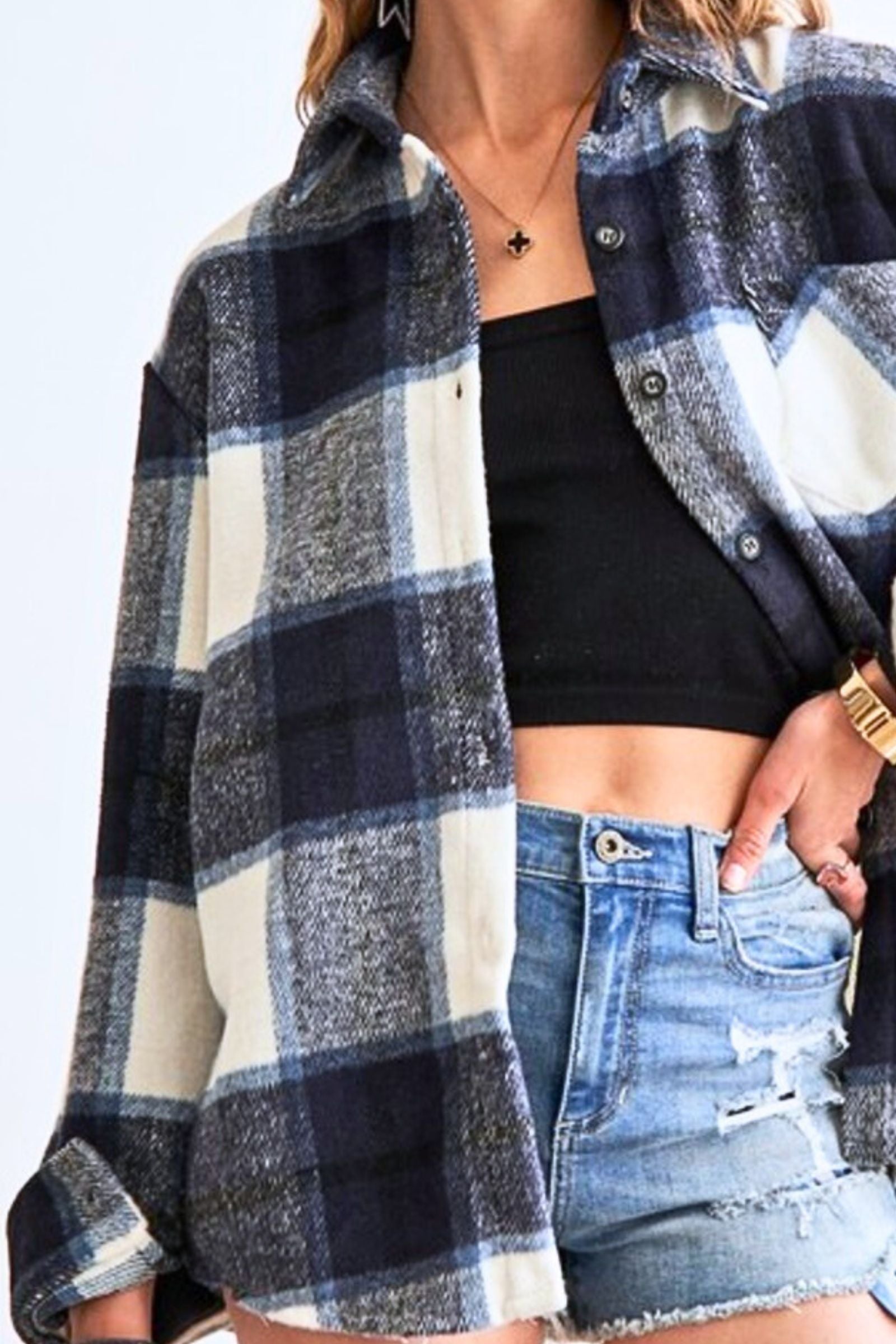 Navy Plaid Flannel Shacket