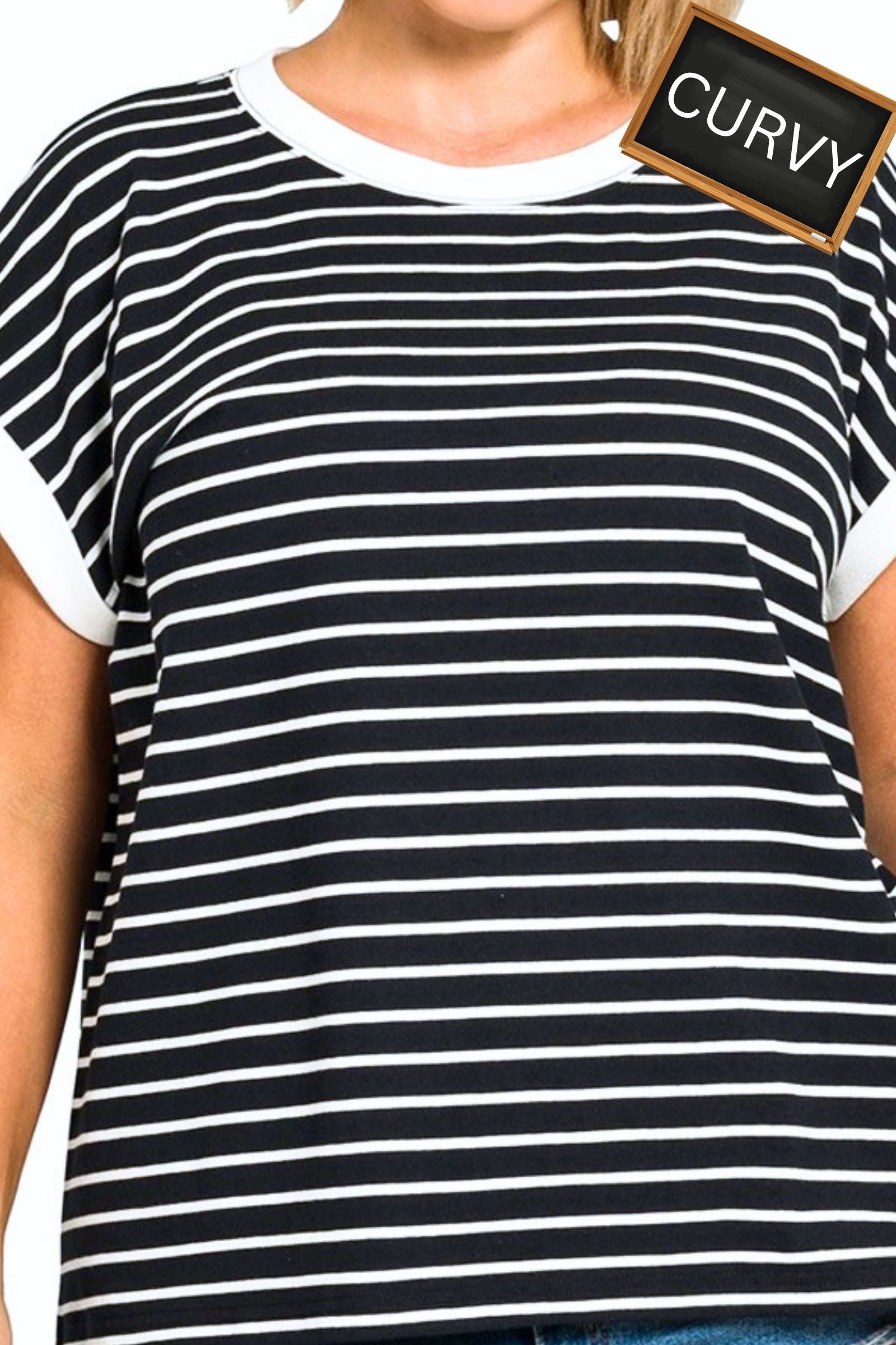CURVY Black & White Stripe Cap Sleeve Top