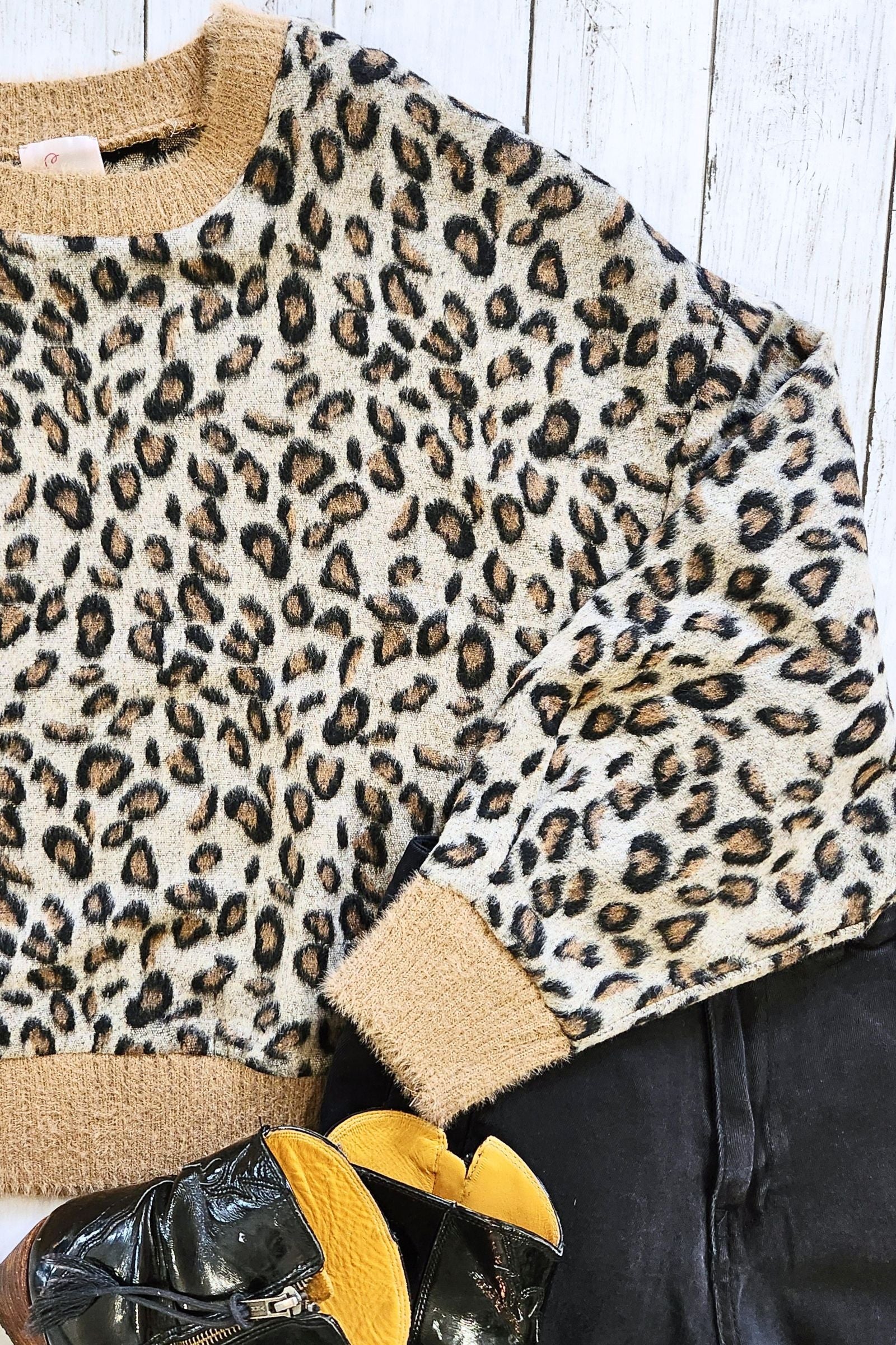 Fuzzy Leopard Contrast Sweater