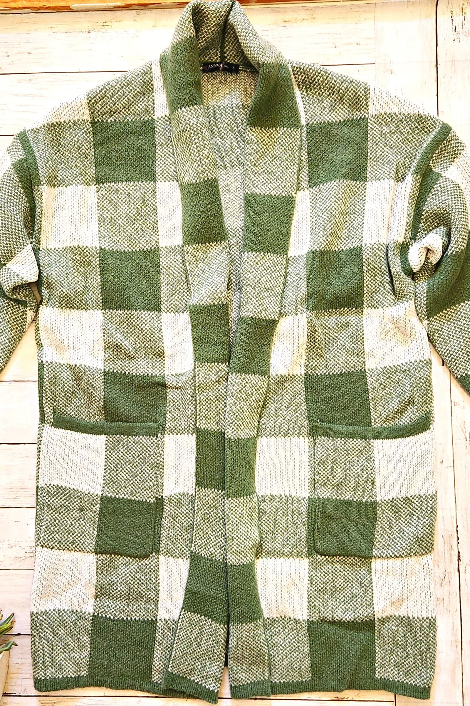 Green Check Sweater Cardigan