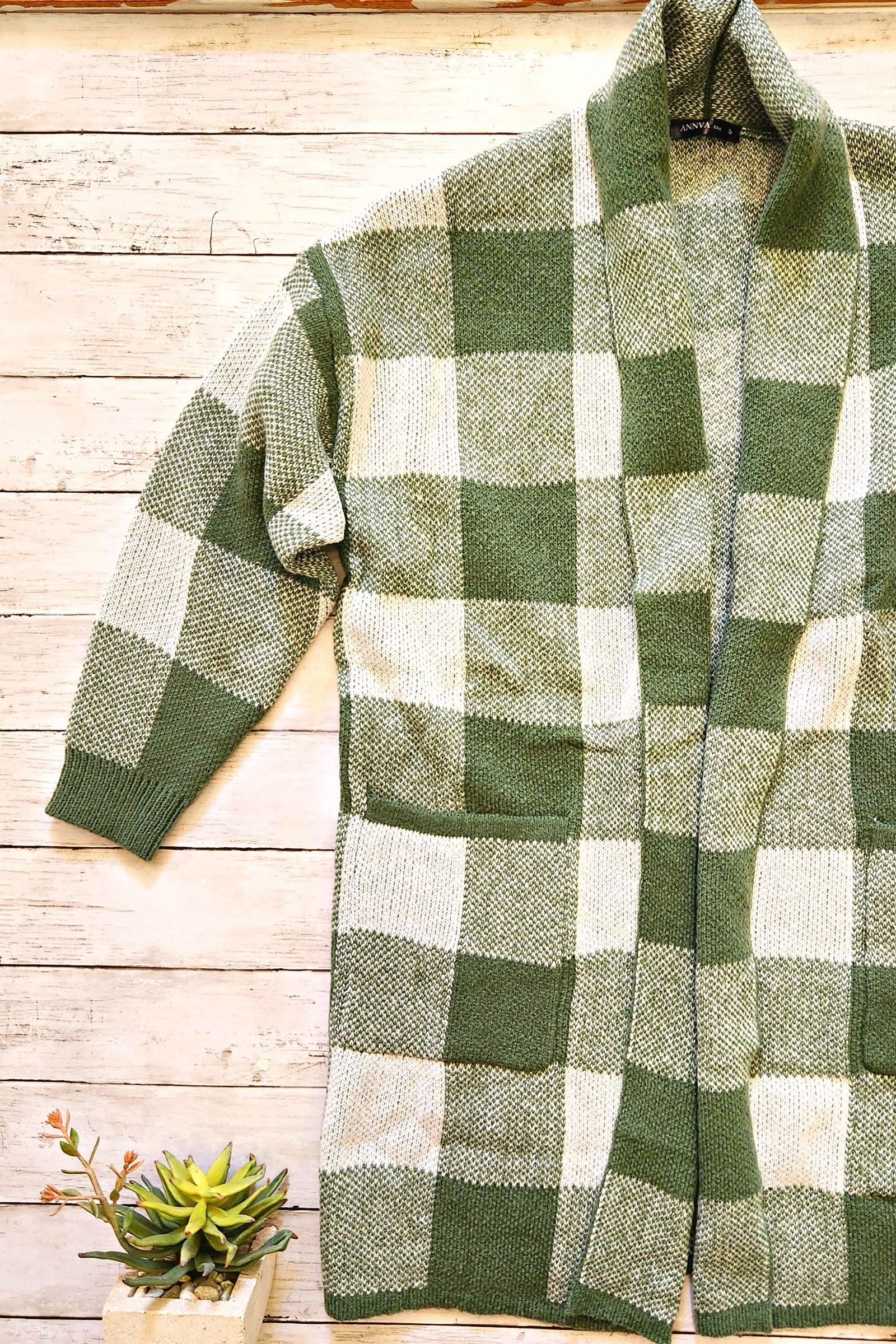 Green Check Sweater Cardigan
