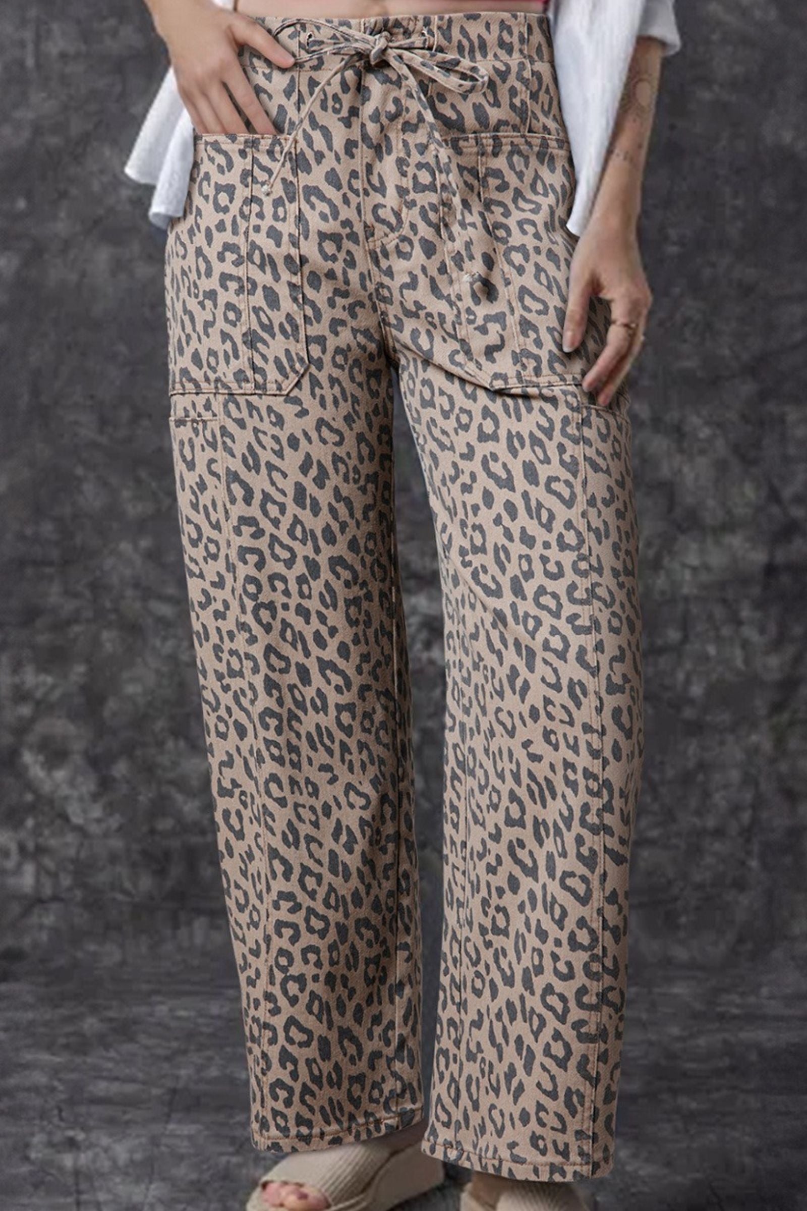 Khaki Leopard Denim Barrel Leg Pants