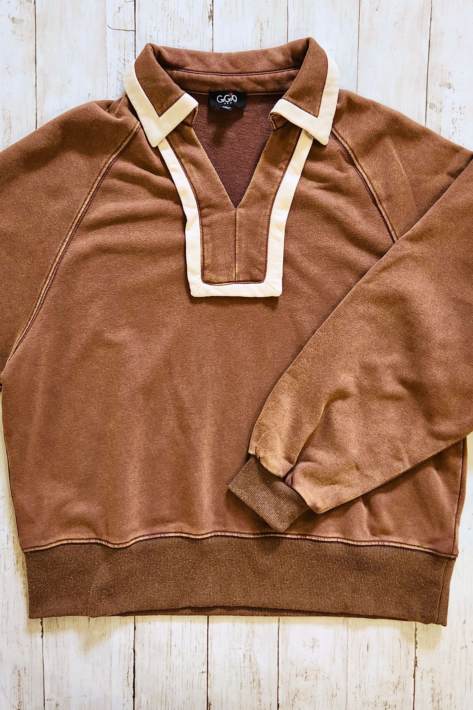 Washed Brown V Neck Sweatshirt
