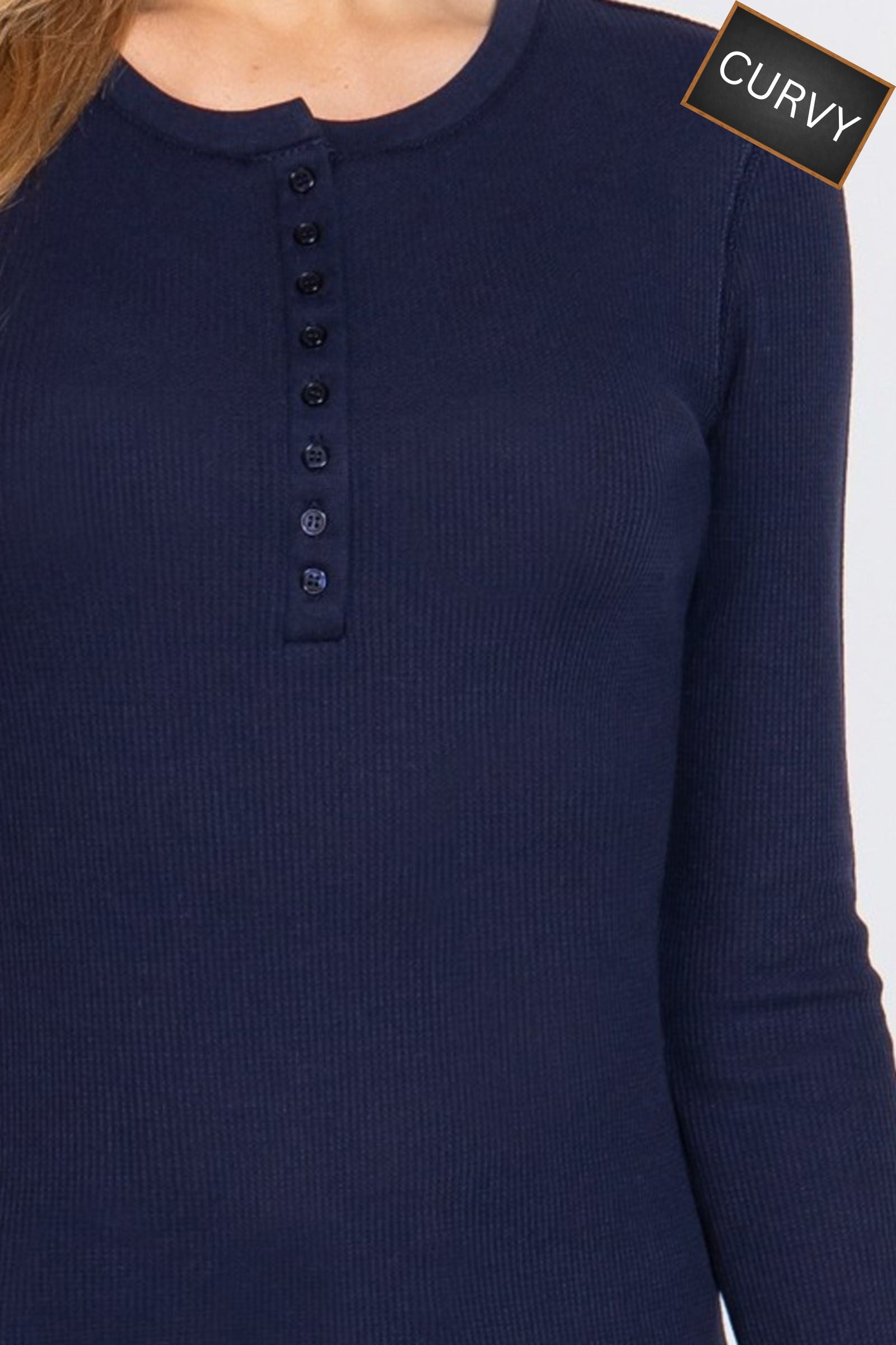 CURVY Navy Long Sleeve Thermal Henley Top