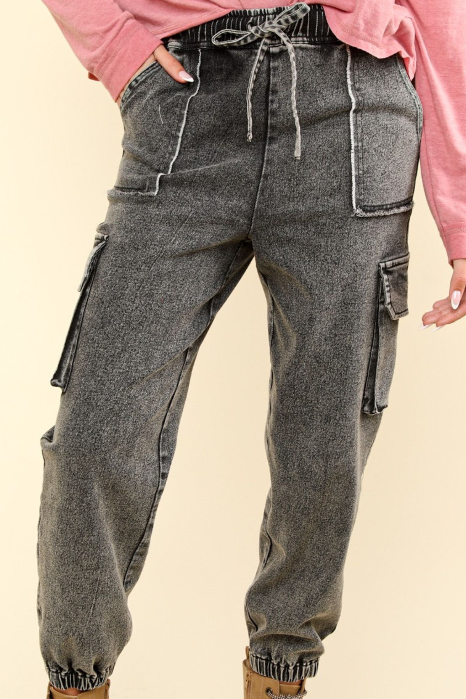 Washed Black Denim Jogger Cargo Pants