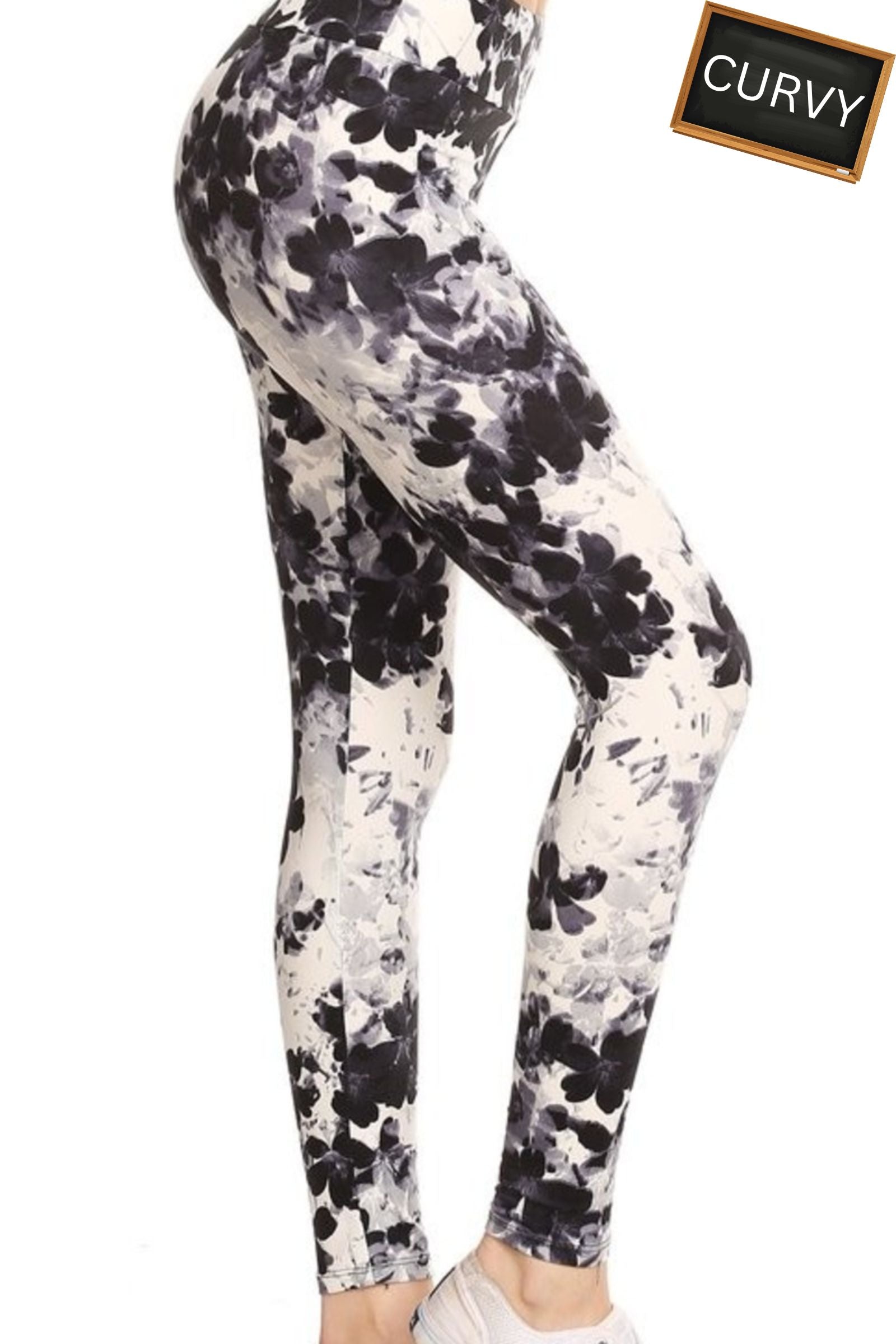CURVY Watercolor Black & White Floral Yoga Leggings