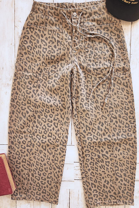 Khaki Leopard Denim Barrel Leg Pants