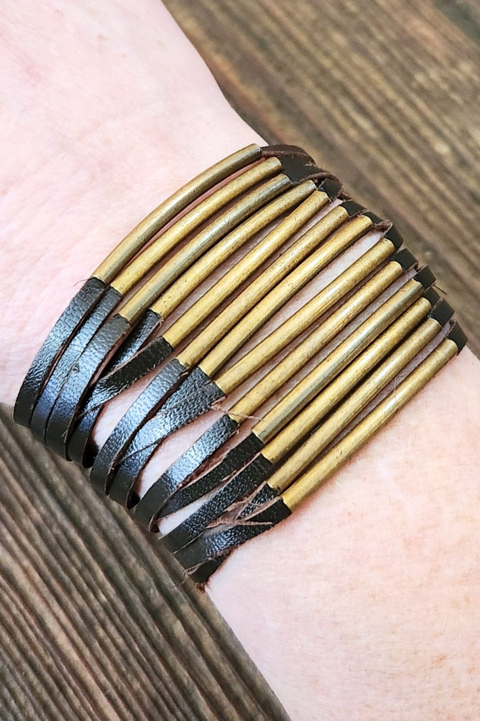 Brown Leather & Bar Cuff Bracelet