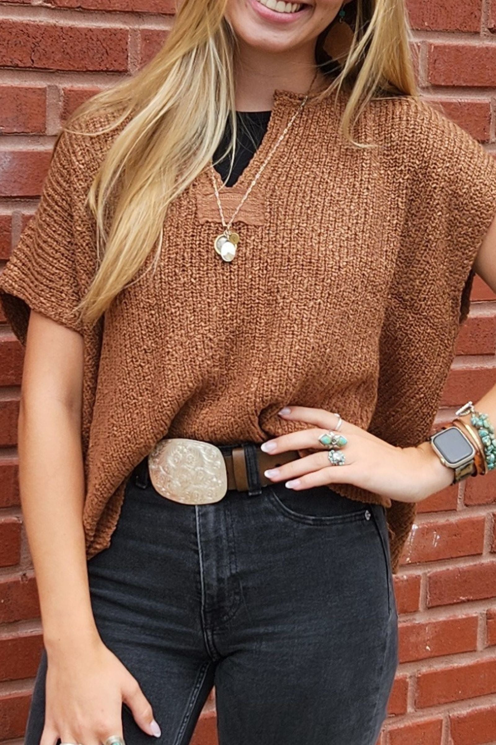 Camel Split Neck Pullover Top