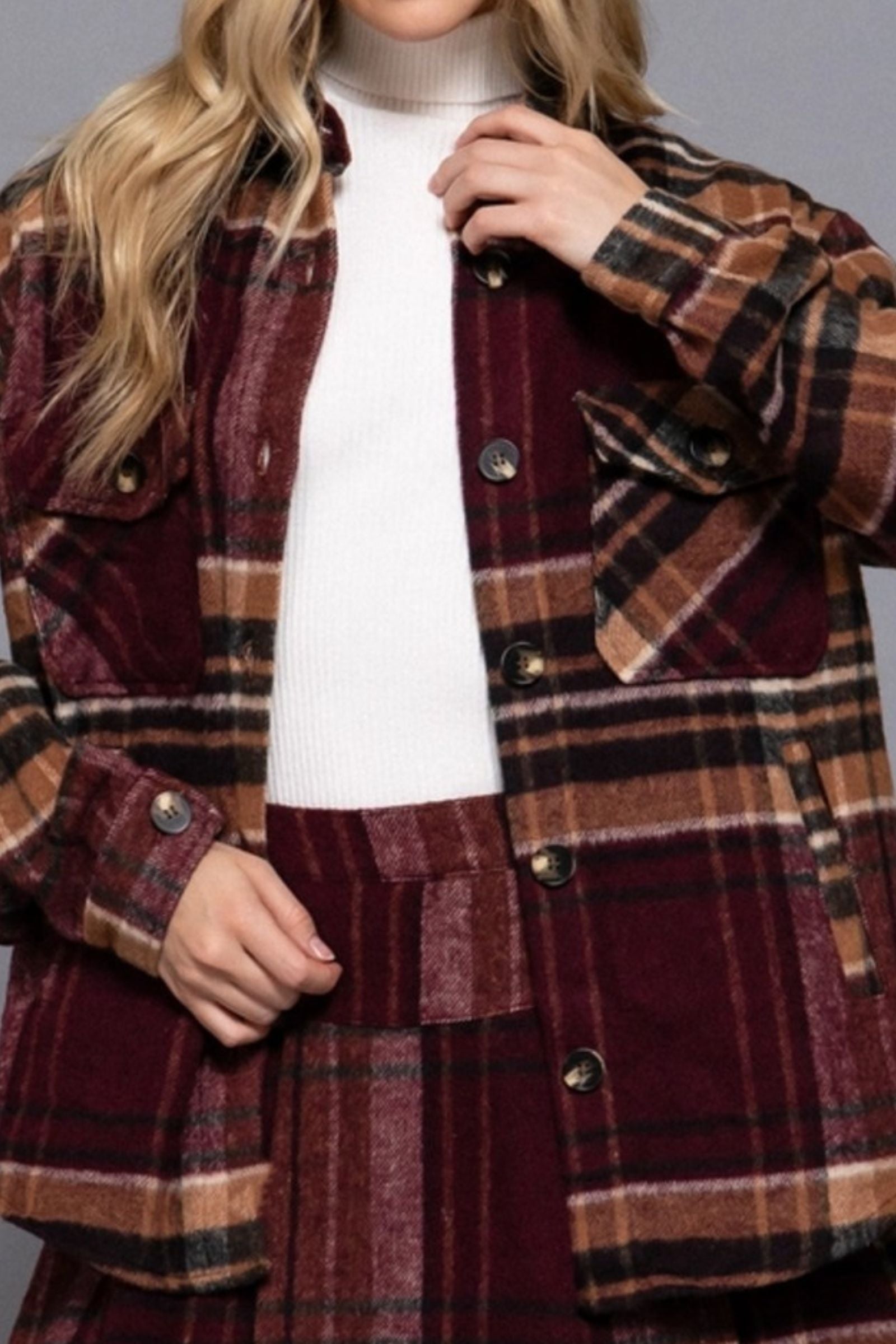 Burgundy & Taupe Flannel Button Down Top