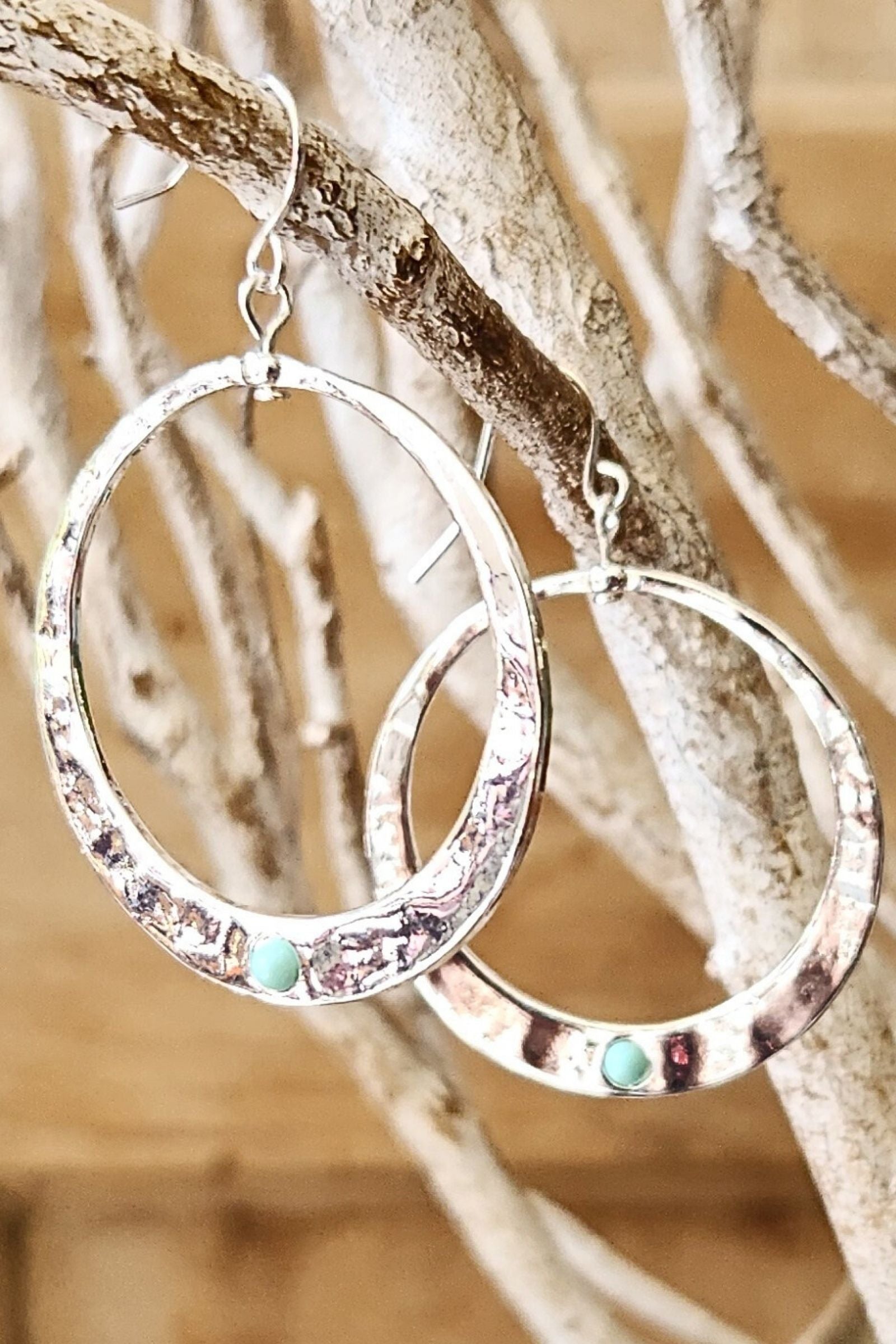 Hammered Circle Turquoise Dot Earrings