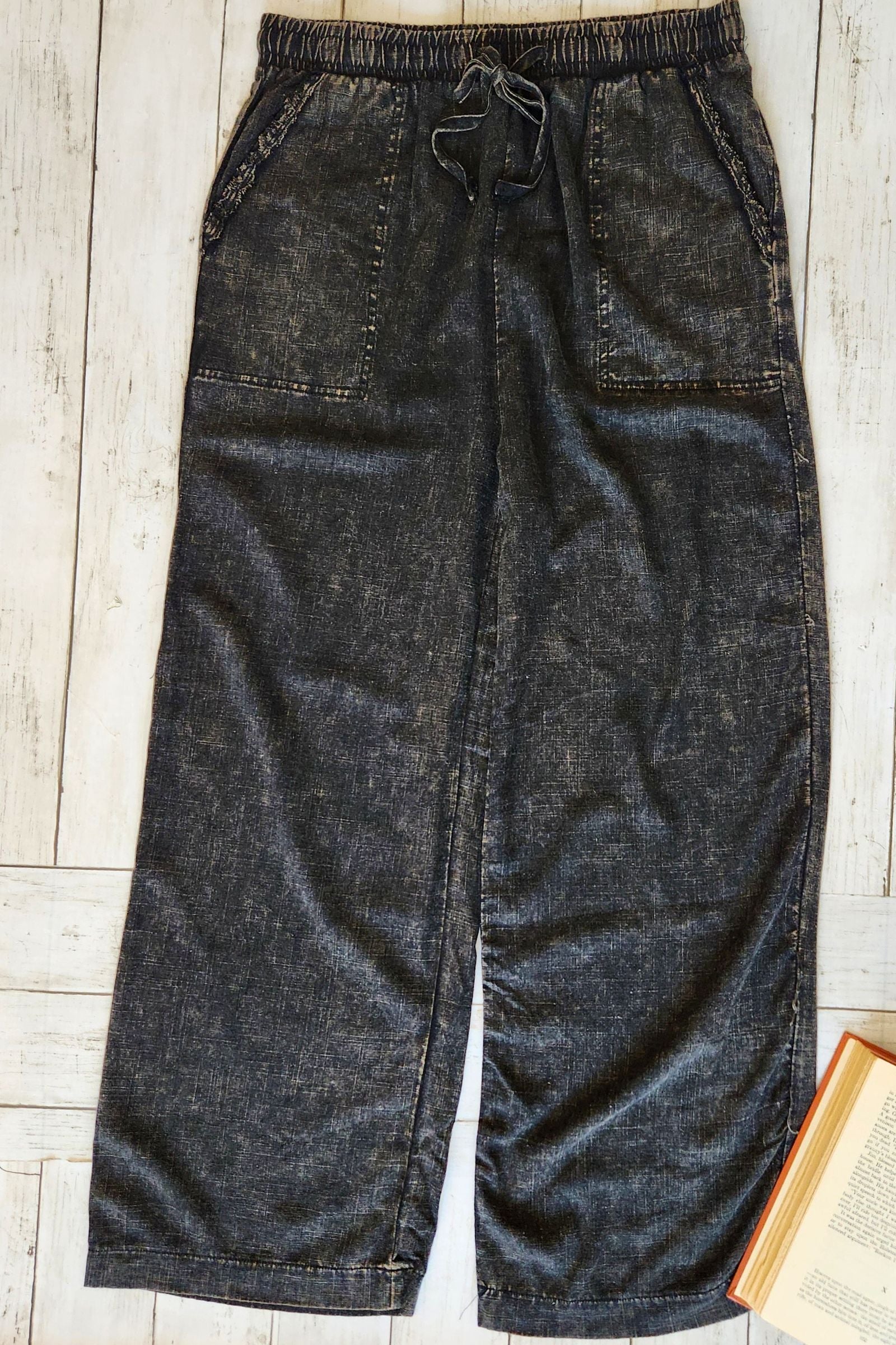 Ash Black Acid Wash Linen Blend Pants