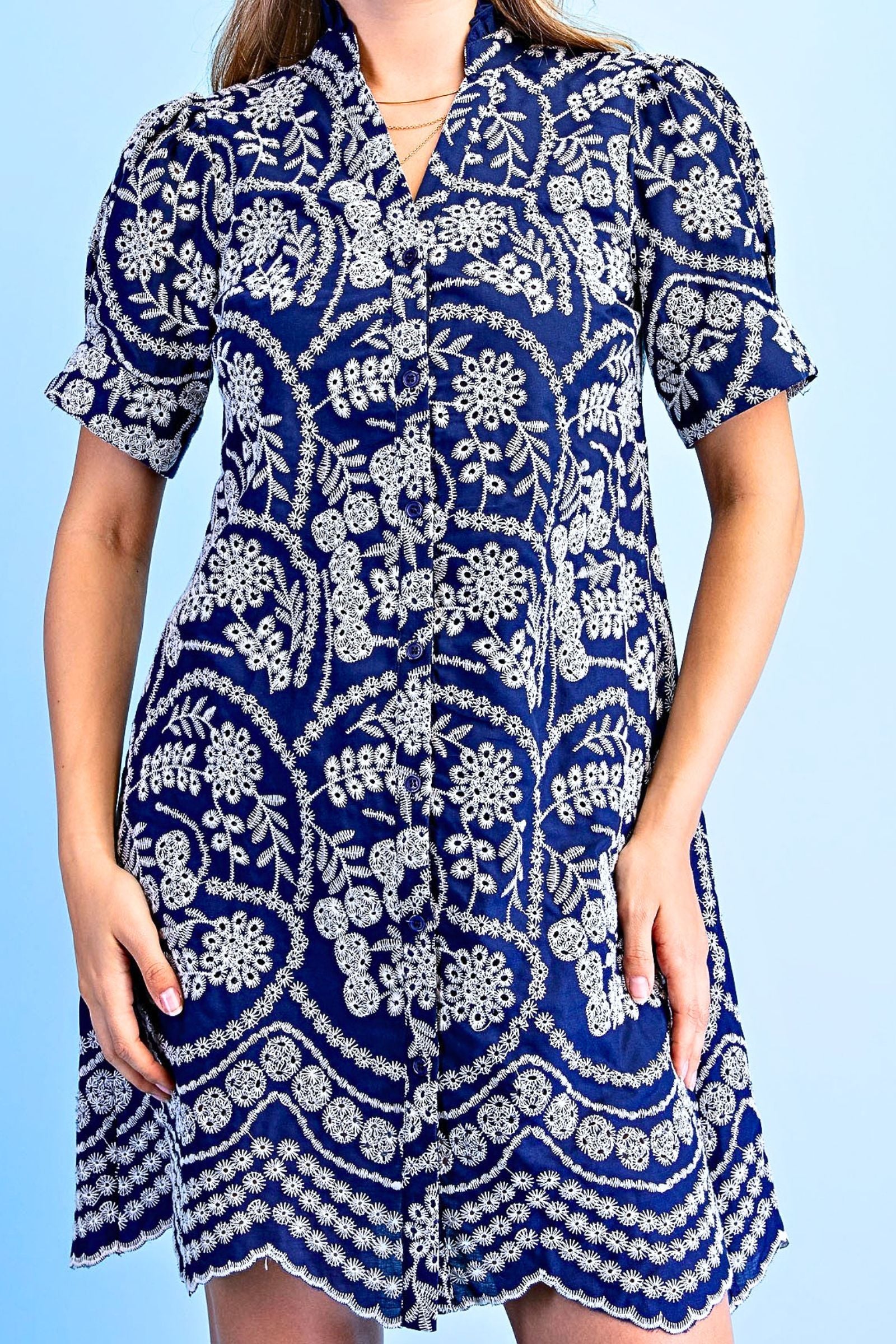 Indigo Embroidered Button Down Dress