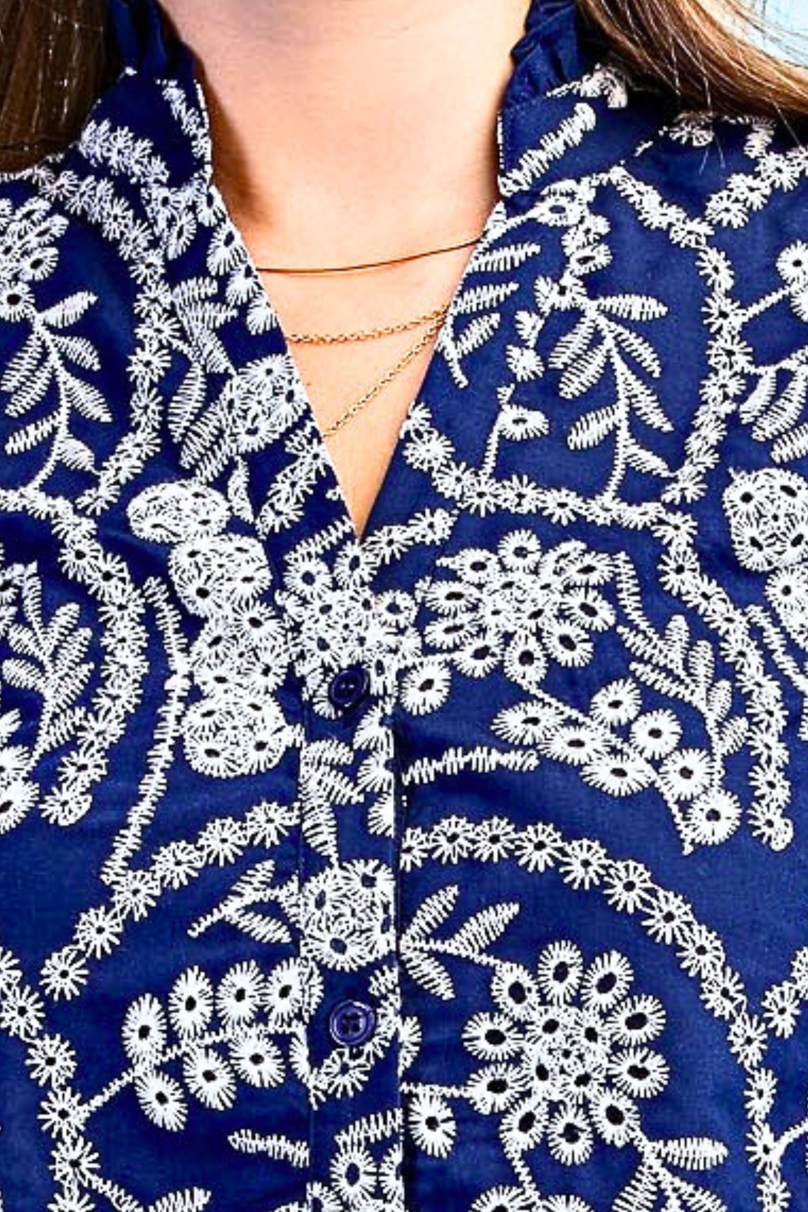 Indigo Embroidered Button Down Dress