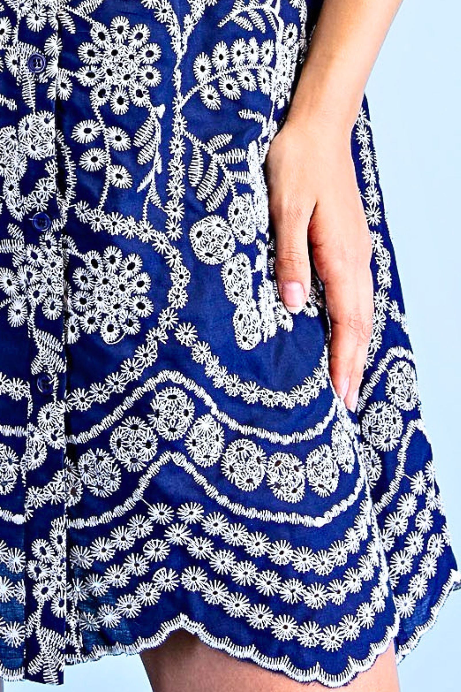 Indigo Embroidered Button Down Dress