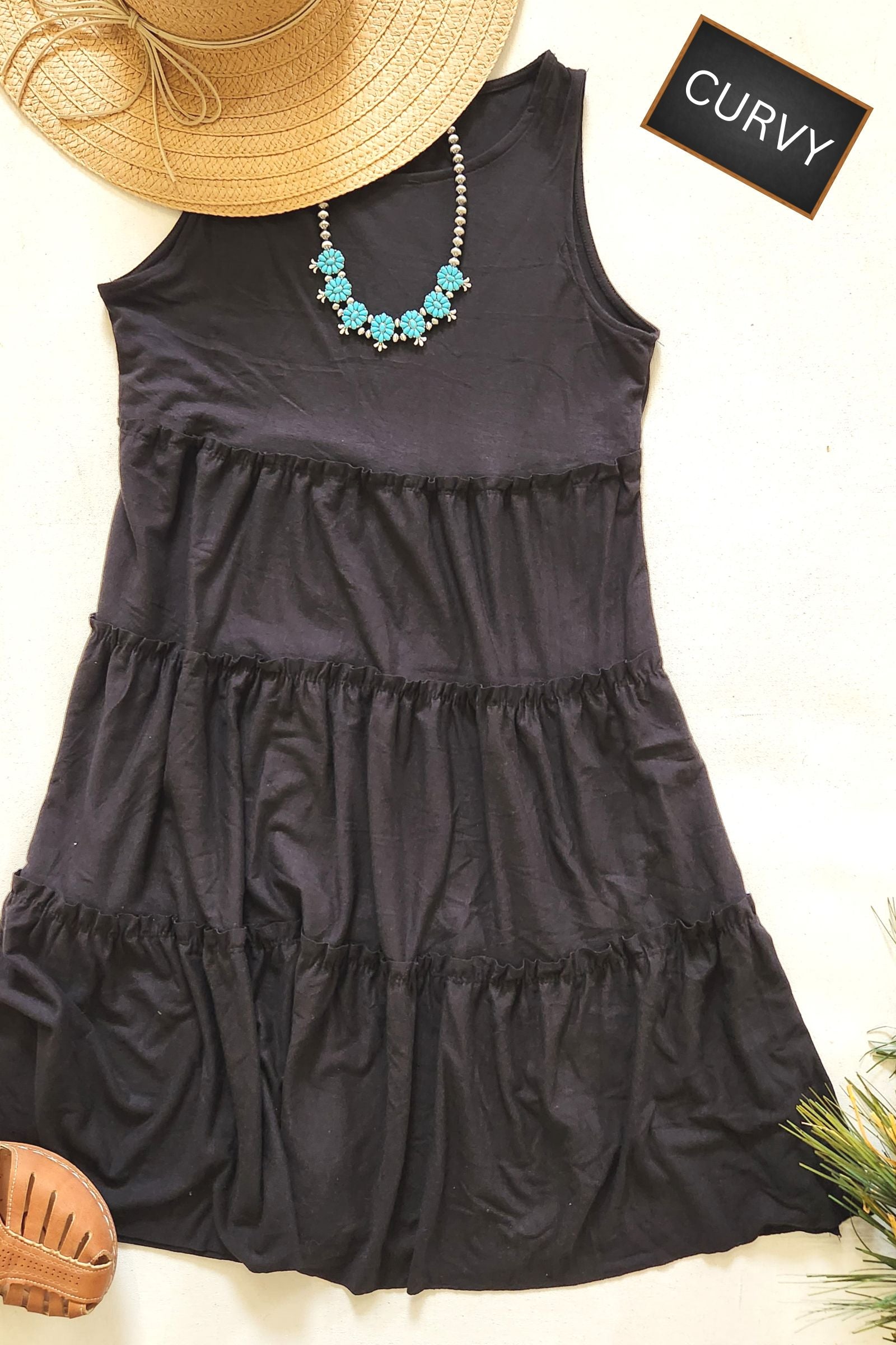 CURVY Black Sleeveless Tiered Dress