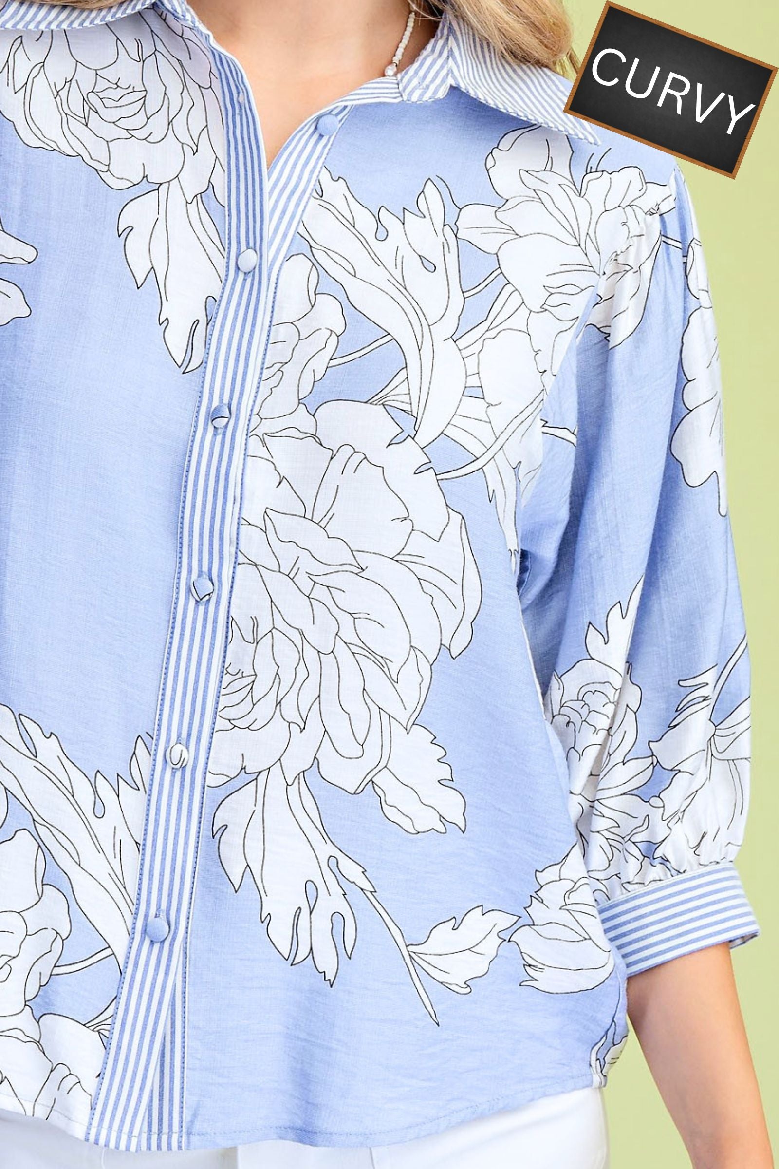 CURVY Misty Blue Floral Print Top