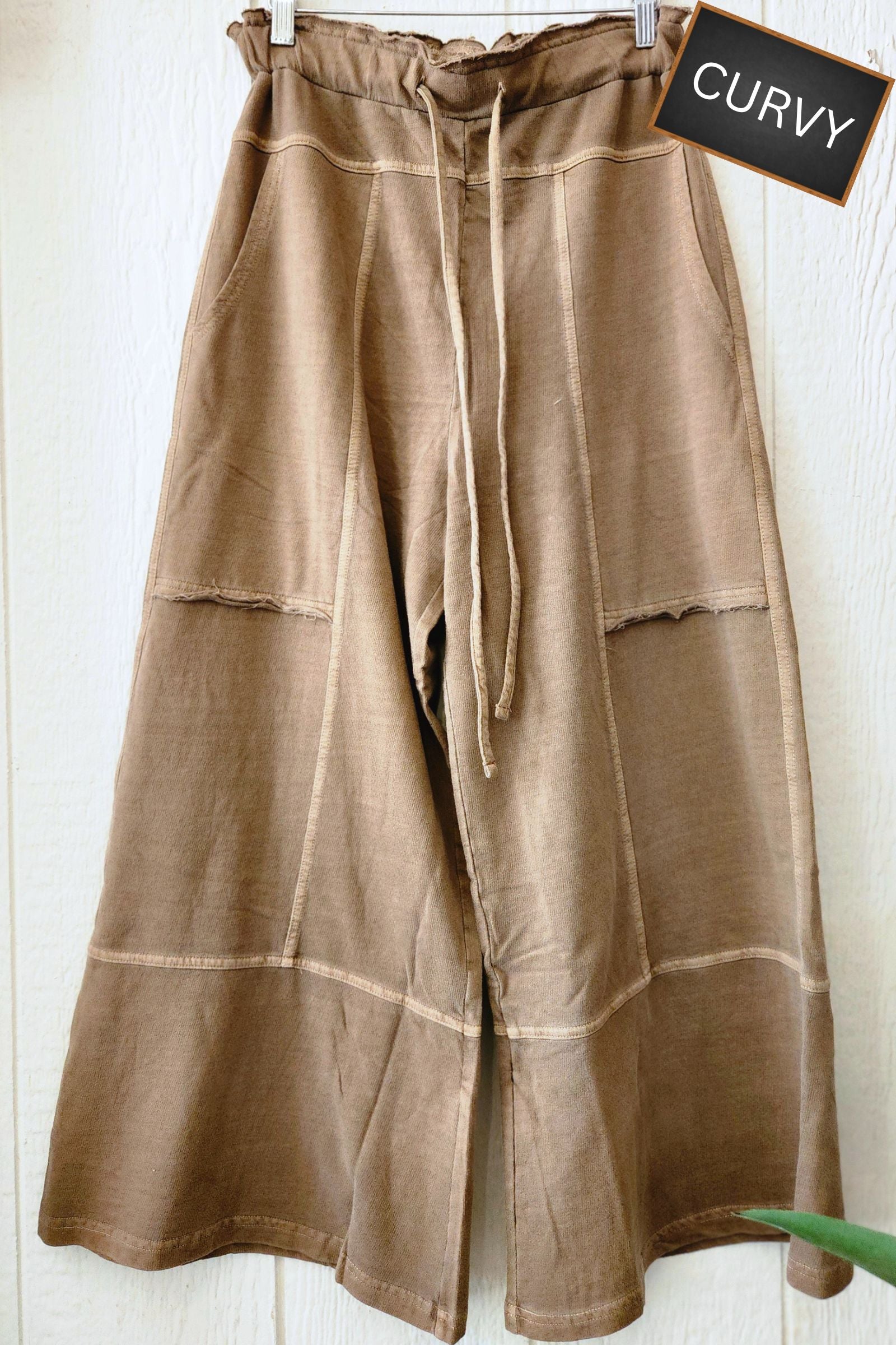 CURVY Washed Mocha French Terry Exposed Seam Pants