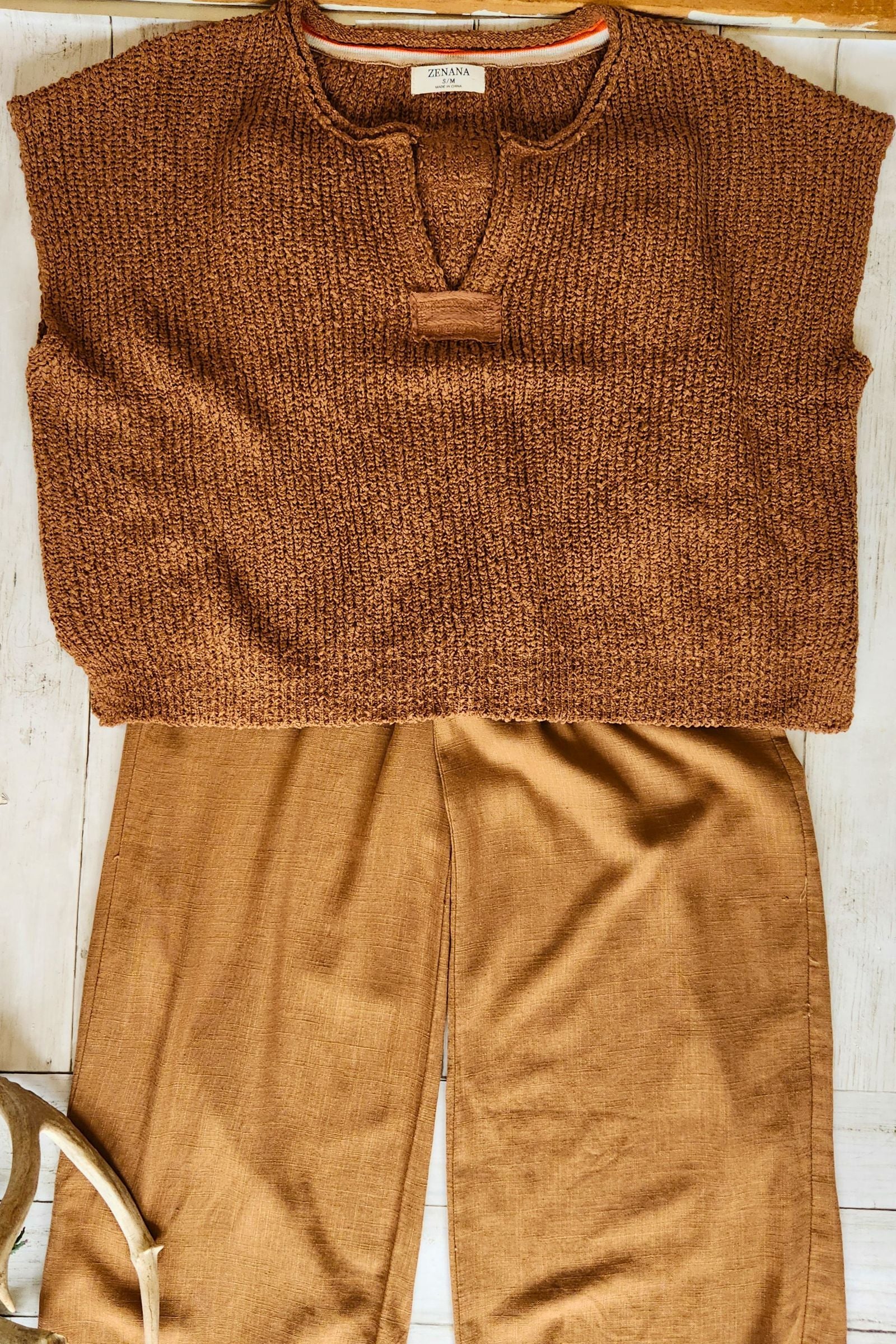 Camel Split Neck Pullover Top