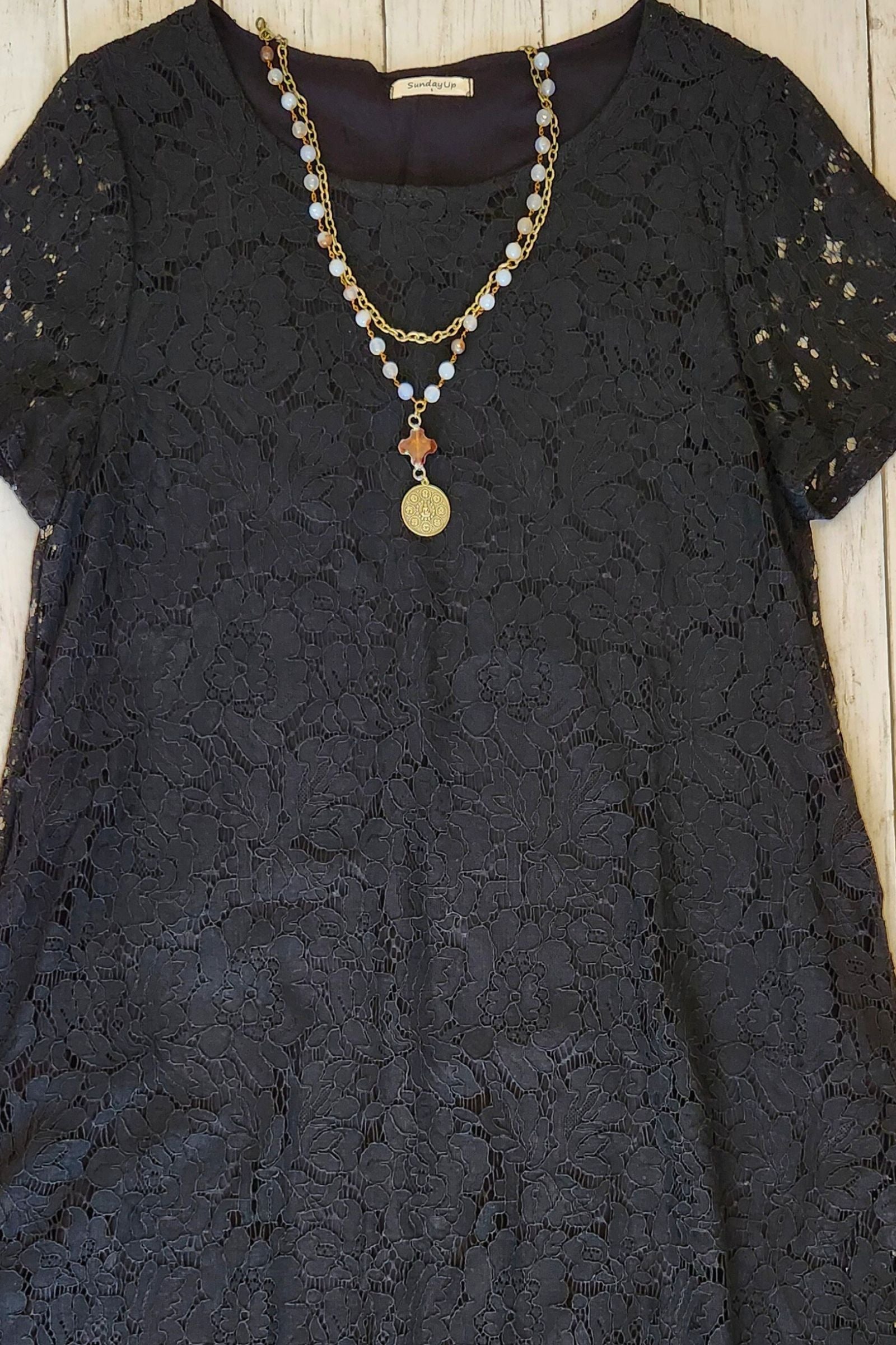 Black Lace Short Sleeve Swing Dress