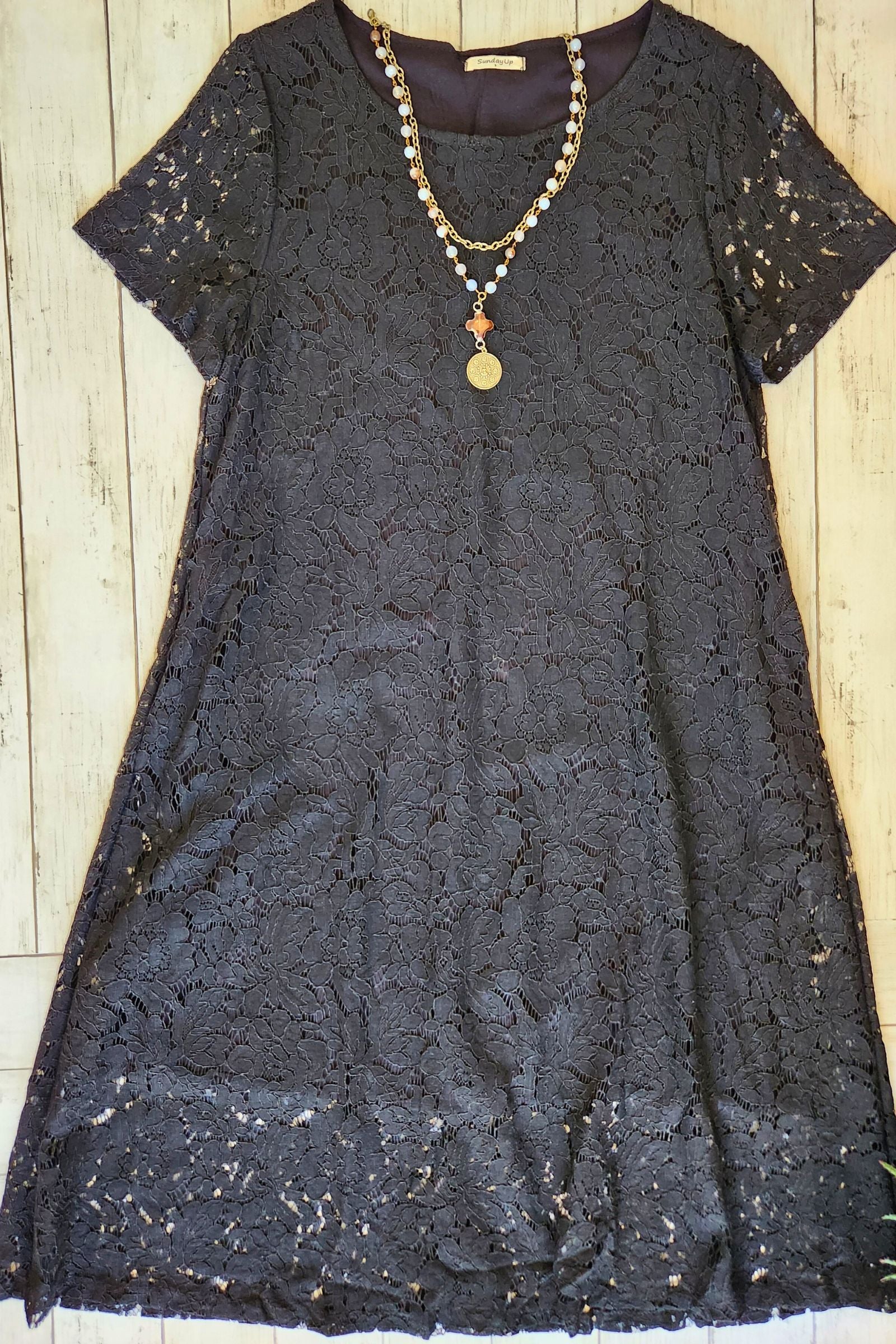 Black Lace Short Sleeve Swing Dress