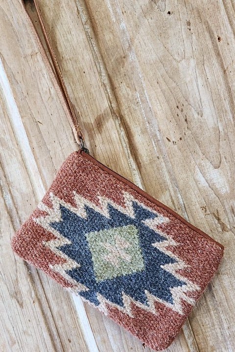 Rust & Green & Cream Aztec Wristlet