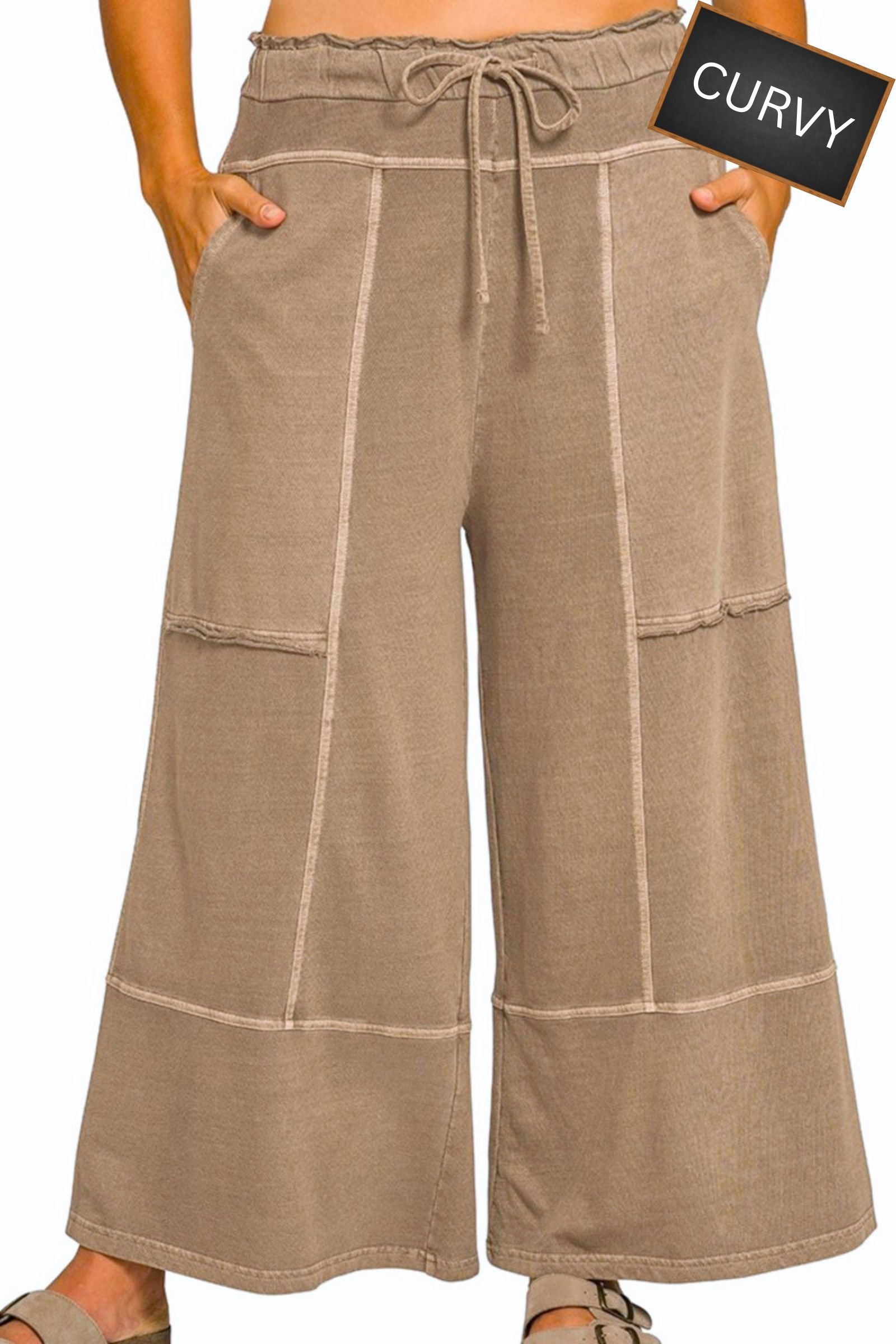 CURVY Washed Mocha French Terry Exposed Seam Pants