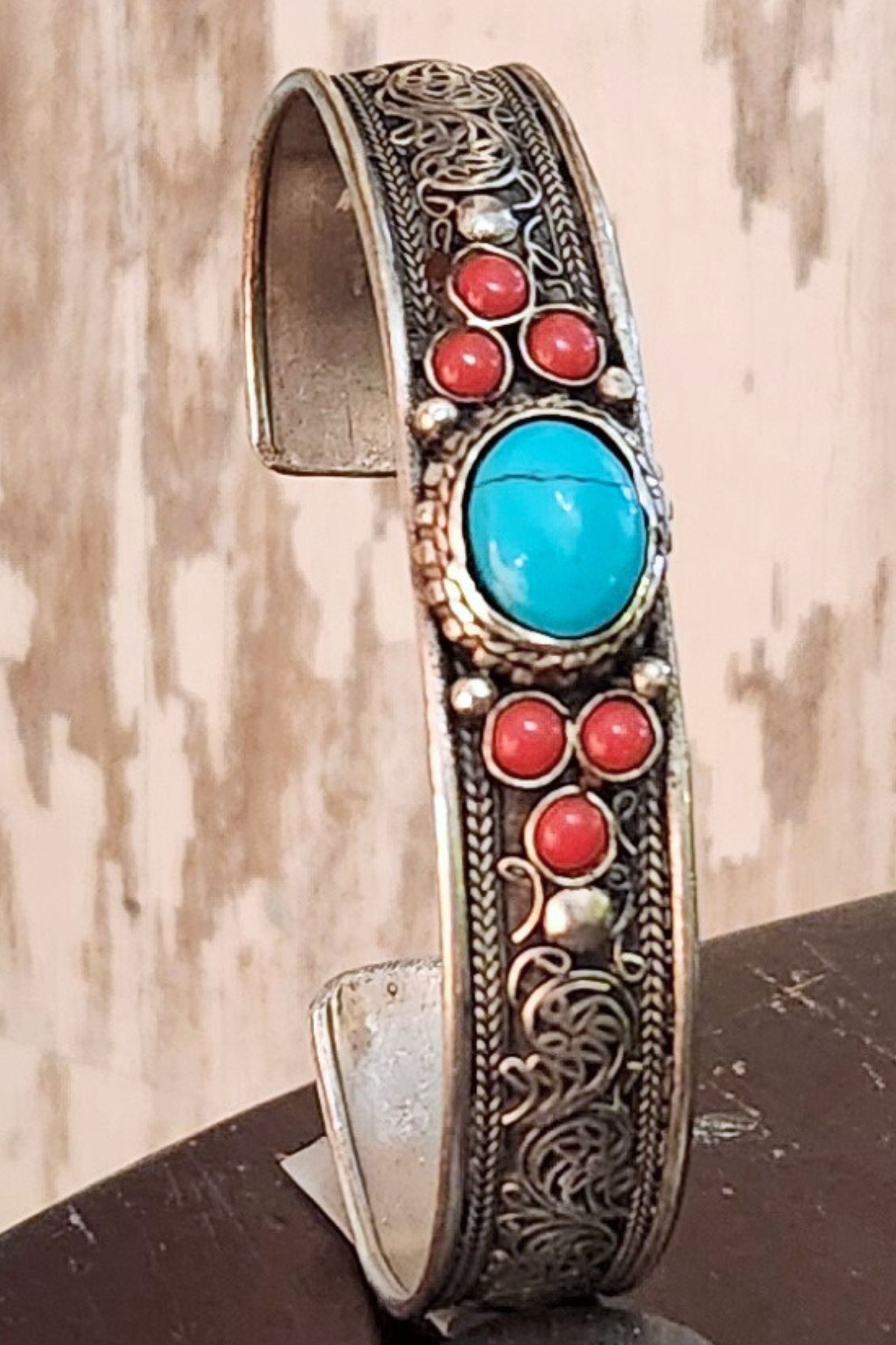 Silver & Turquoise Ornamental Cuff Bracelet
