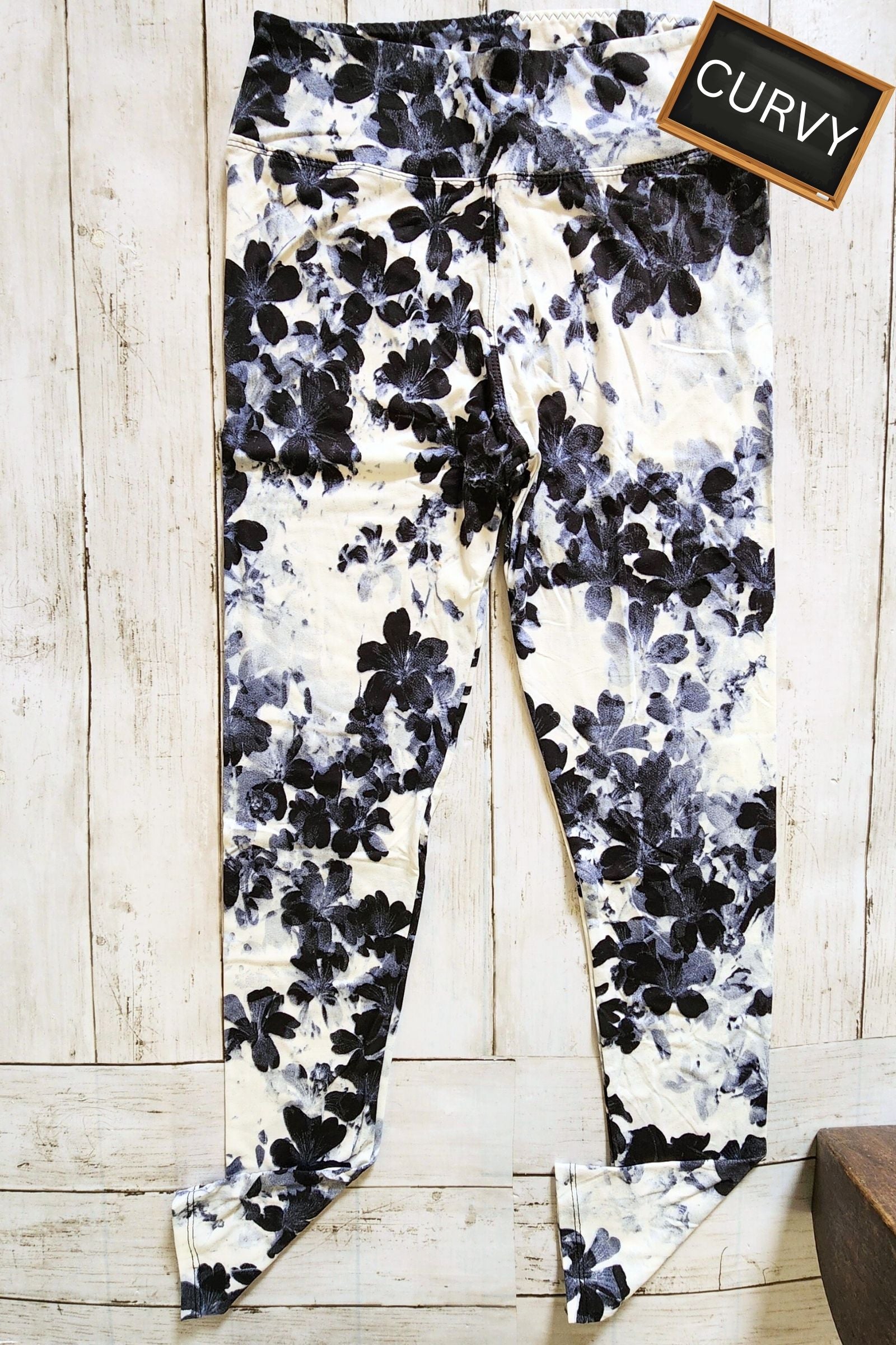 CURVY Watercolor Black & White Floral Yoga Leggings