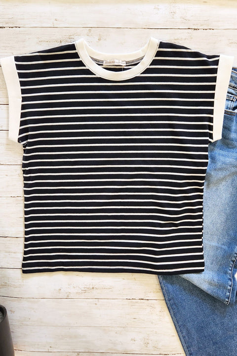 Black & White Stripe Cap Sleeve Top