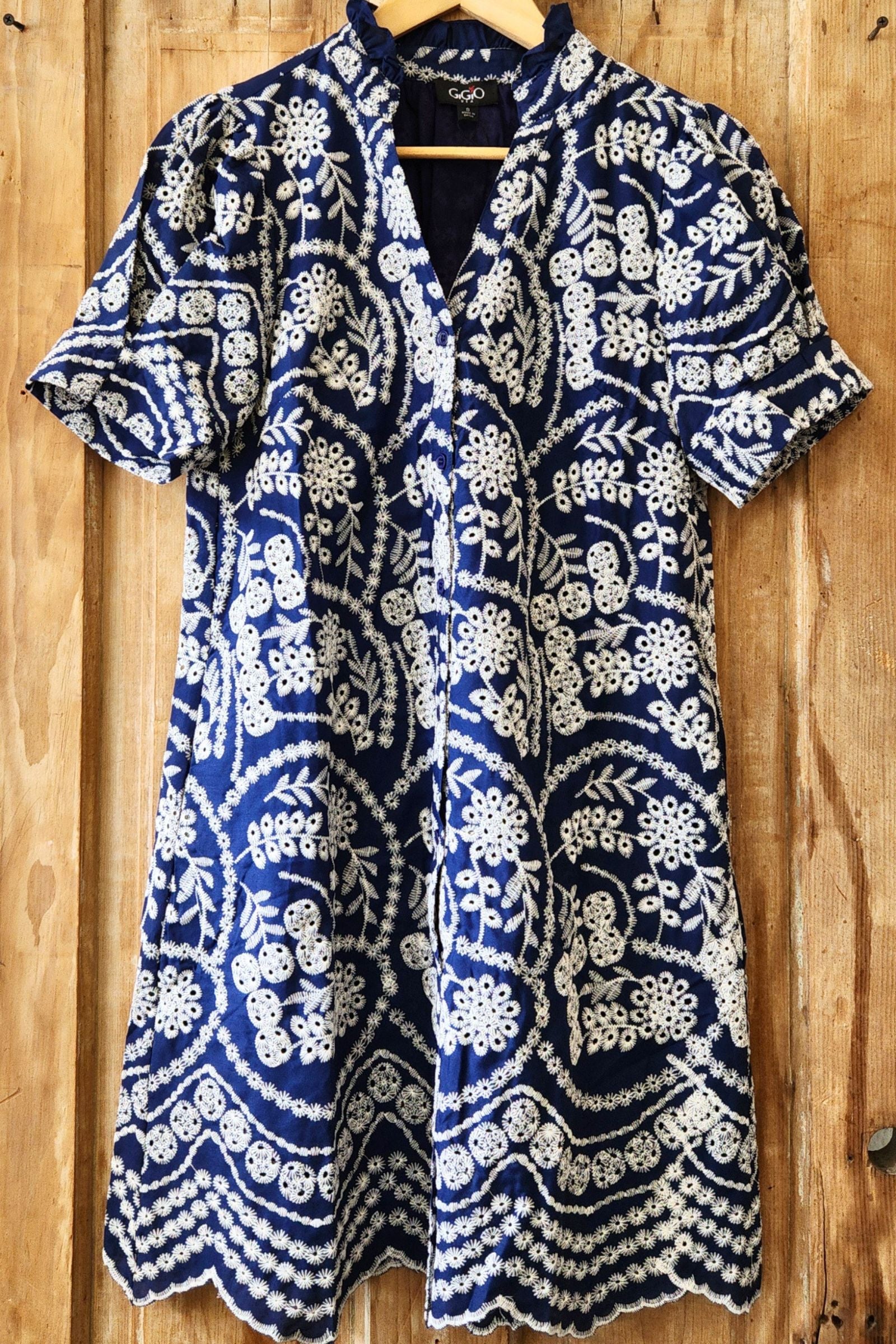 Indigo Embroidered Button Down Dress