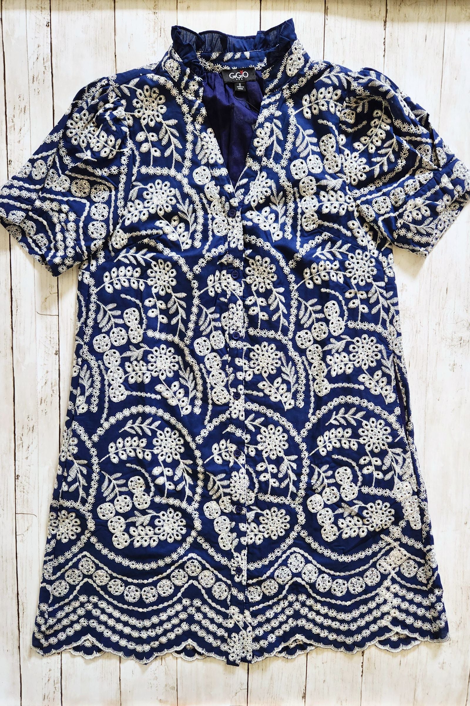 Indigo Embroidered Button Down Dress