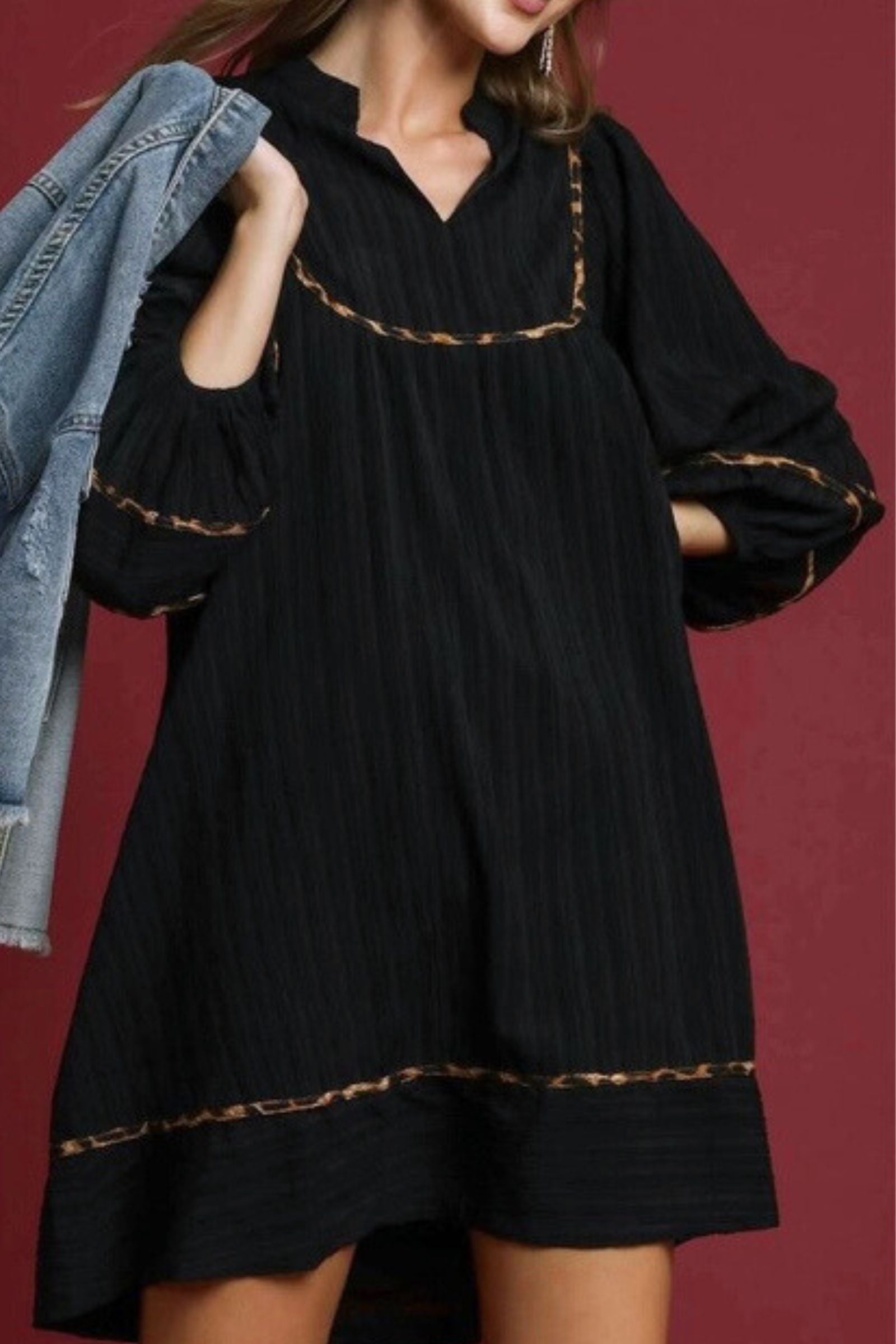 Textured Long Sleeve Babydoll Dress