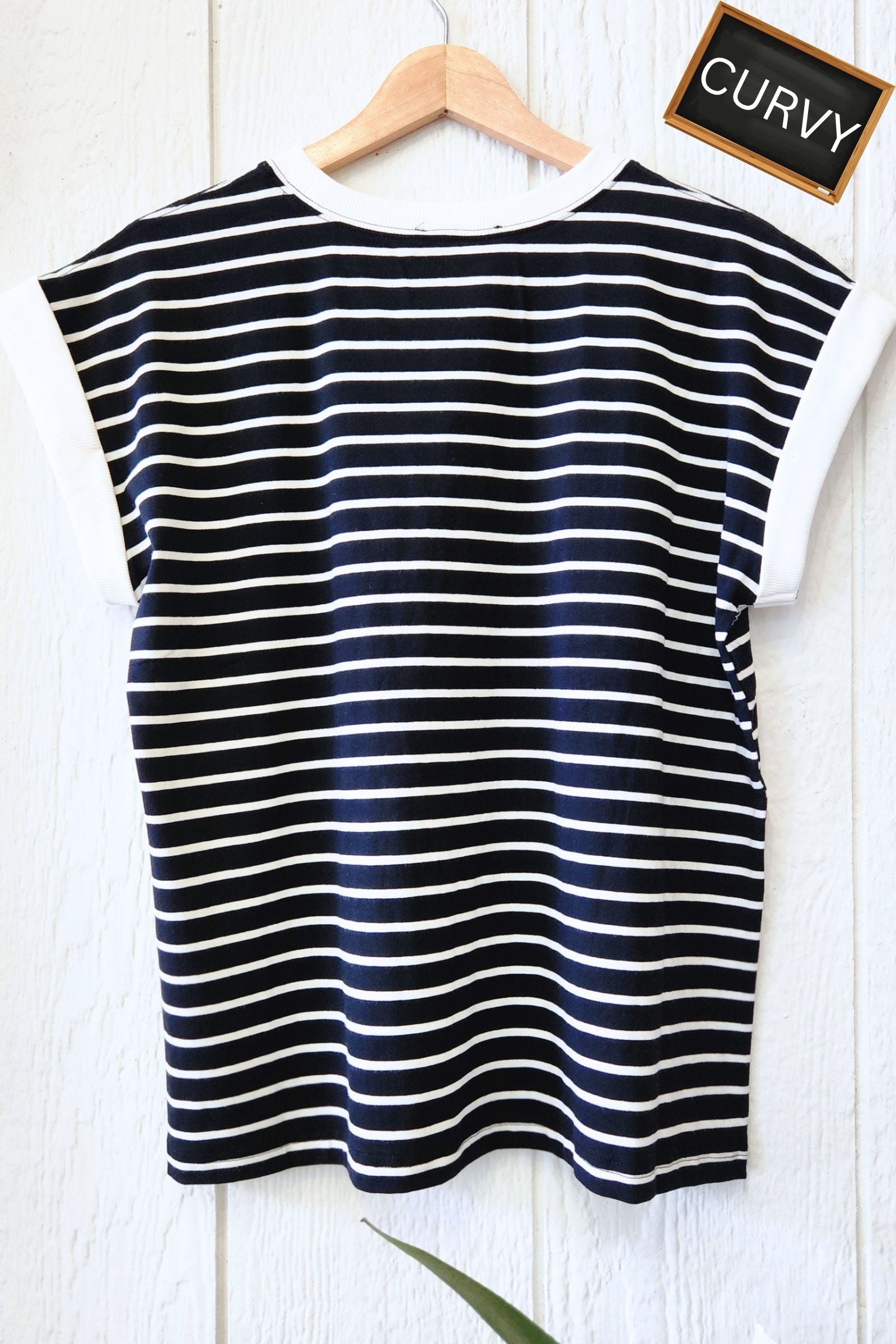 CURVY Black & White Stripe Cap Sleeve Top