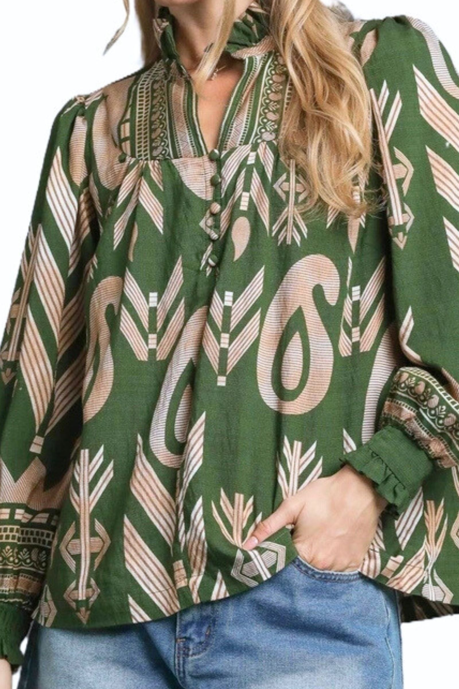 Boho Olive Print Mix Top