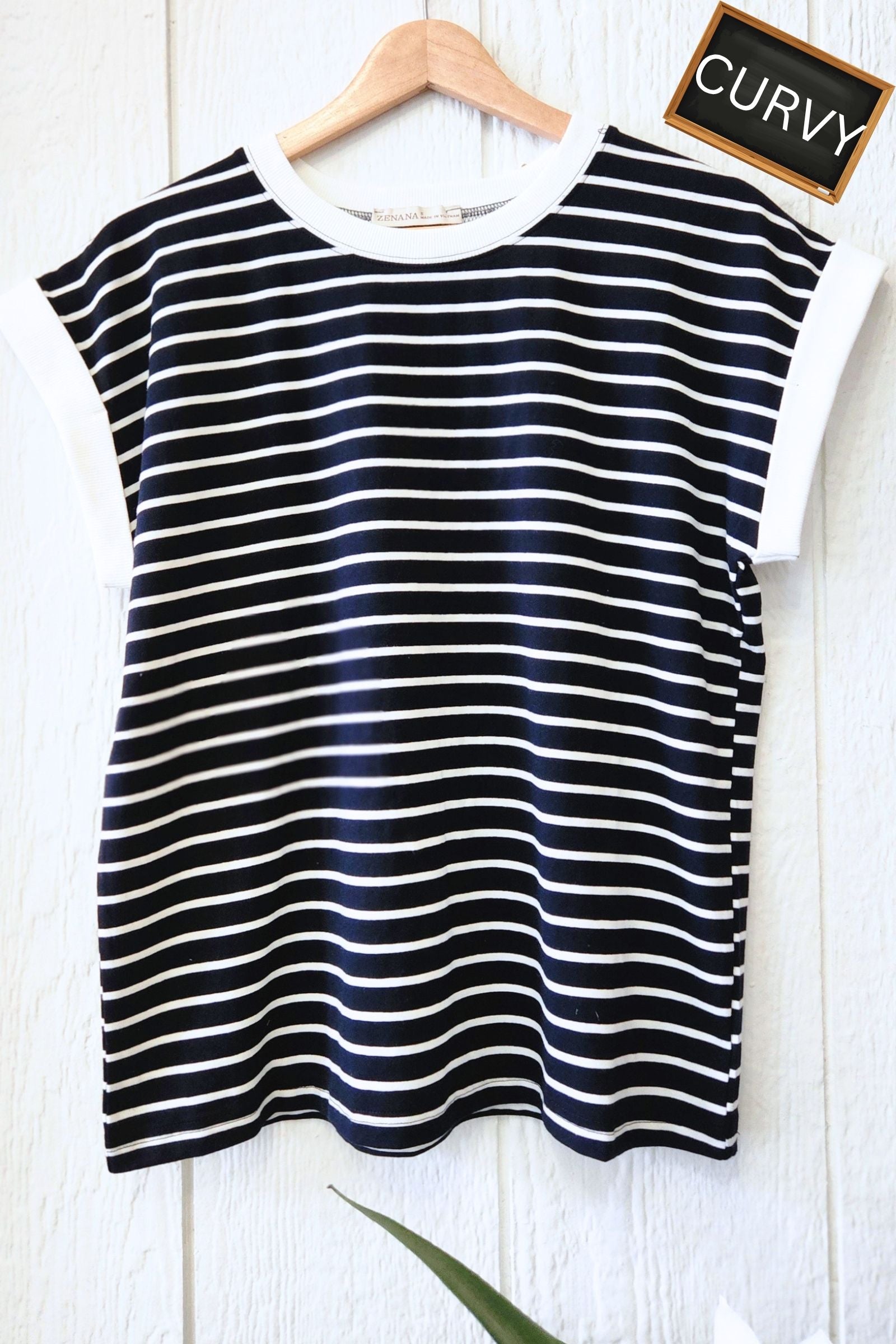 CURVY Black & White Stripe Cap Sleeve Top