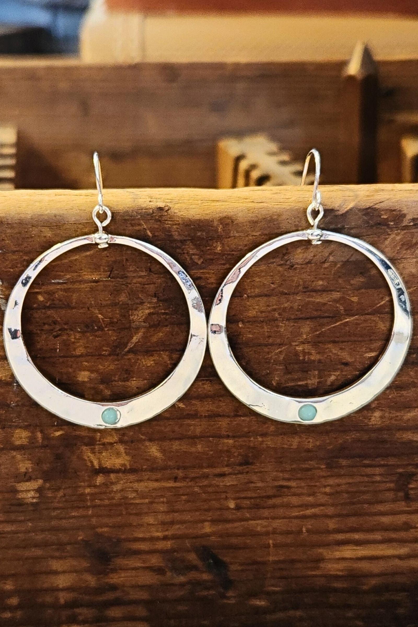 Hammered Circle Turquoise Dot Earrings