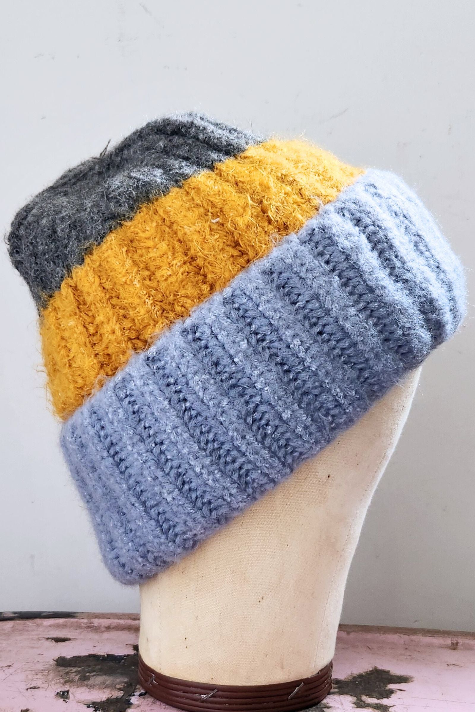 Blue Mustard Color Block Beanie