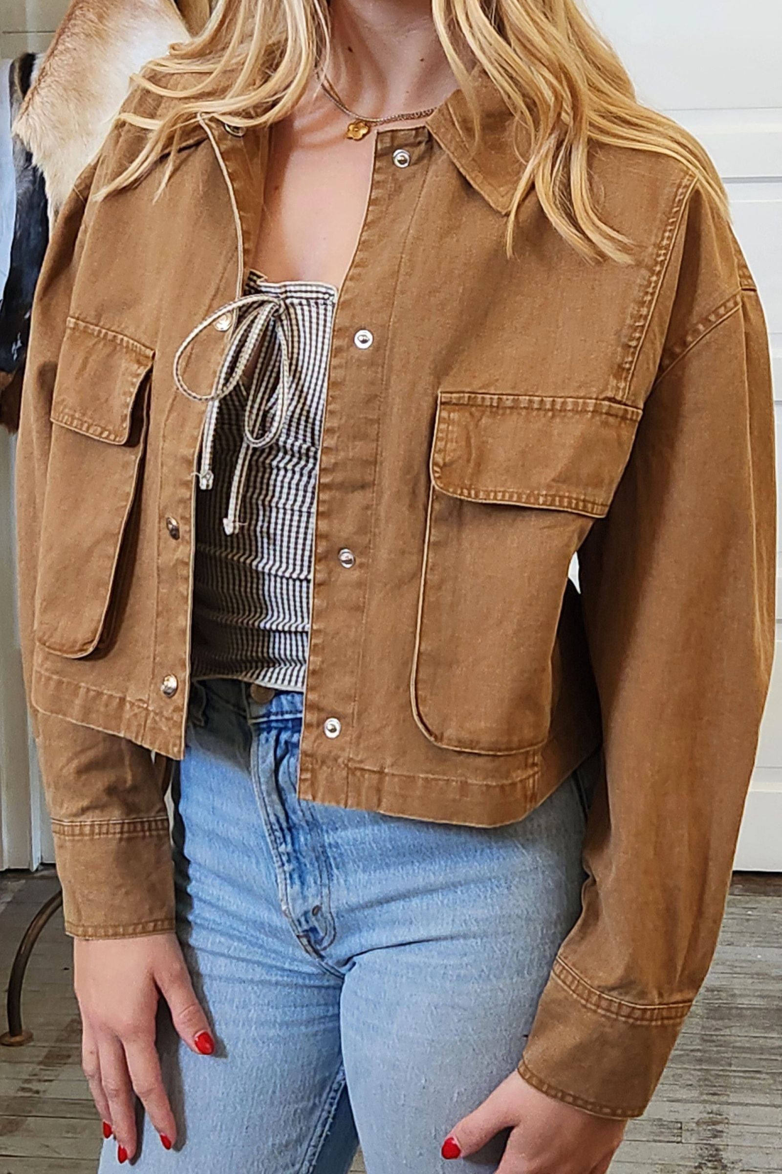 Brown Snap Front Cropped Jacket