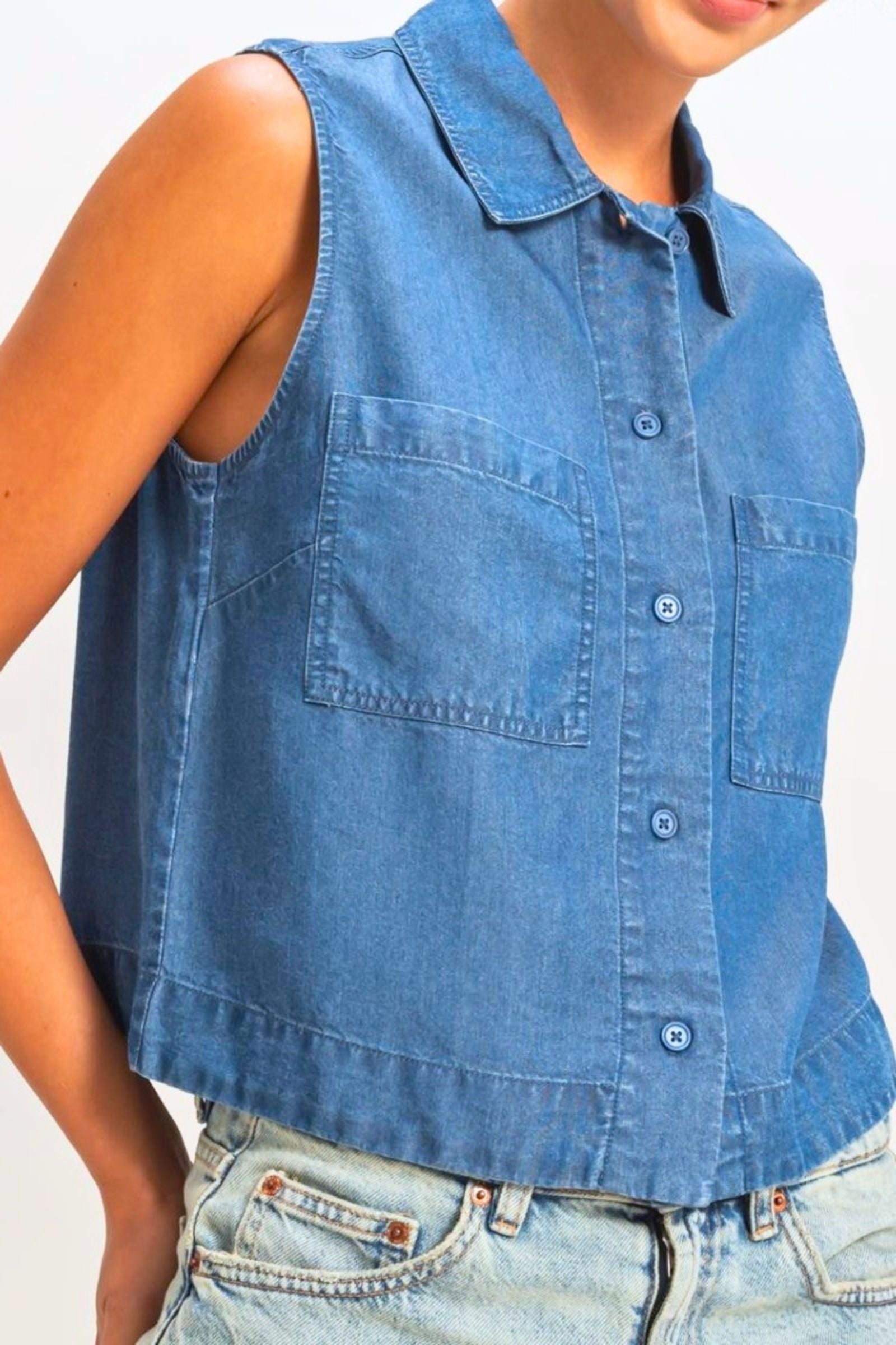 Sleeveless Denim Button Down Top